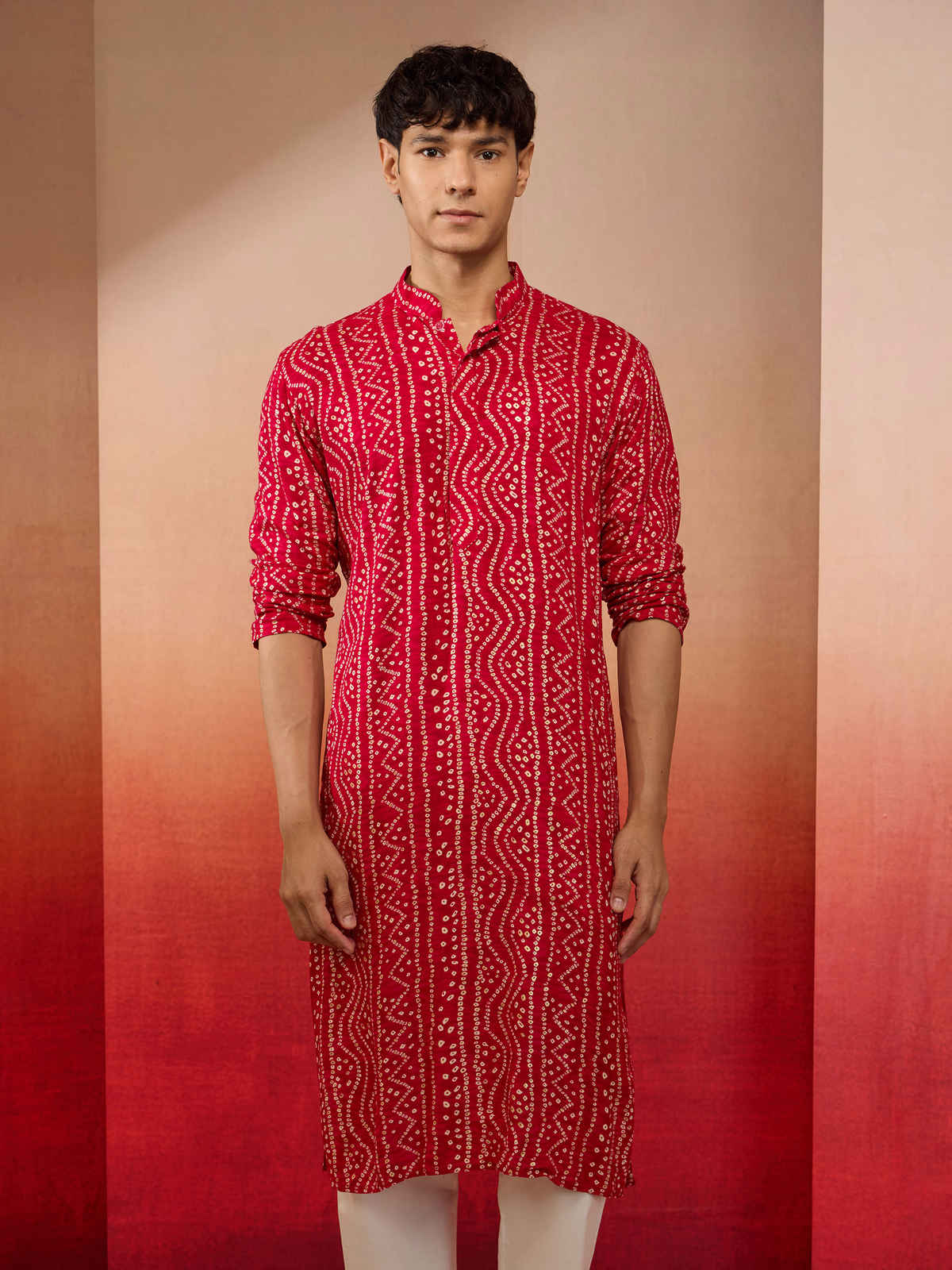 Vastramay Men's Pink Bandhani Rayon Kurta | M
