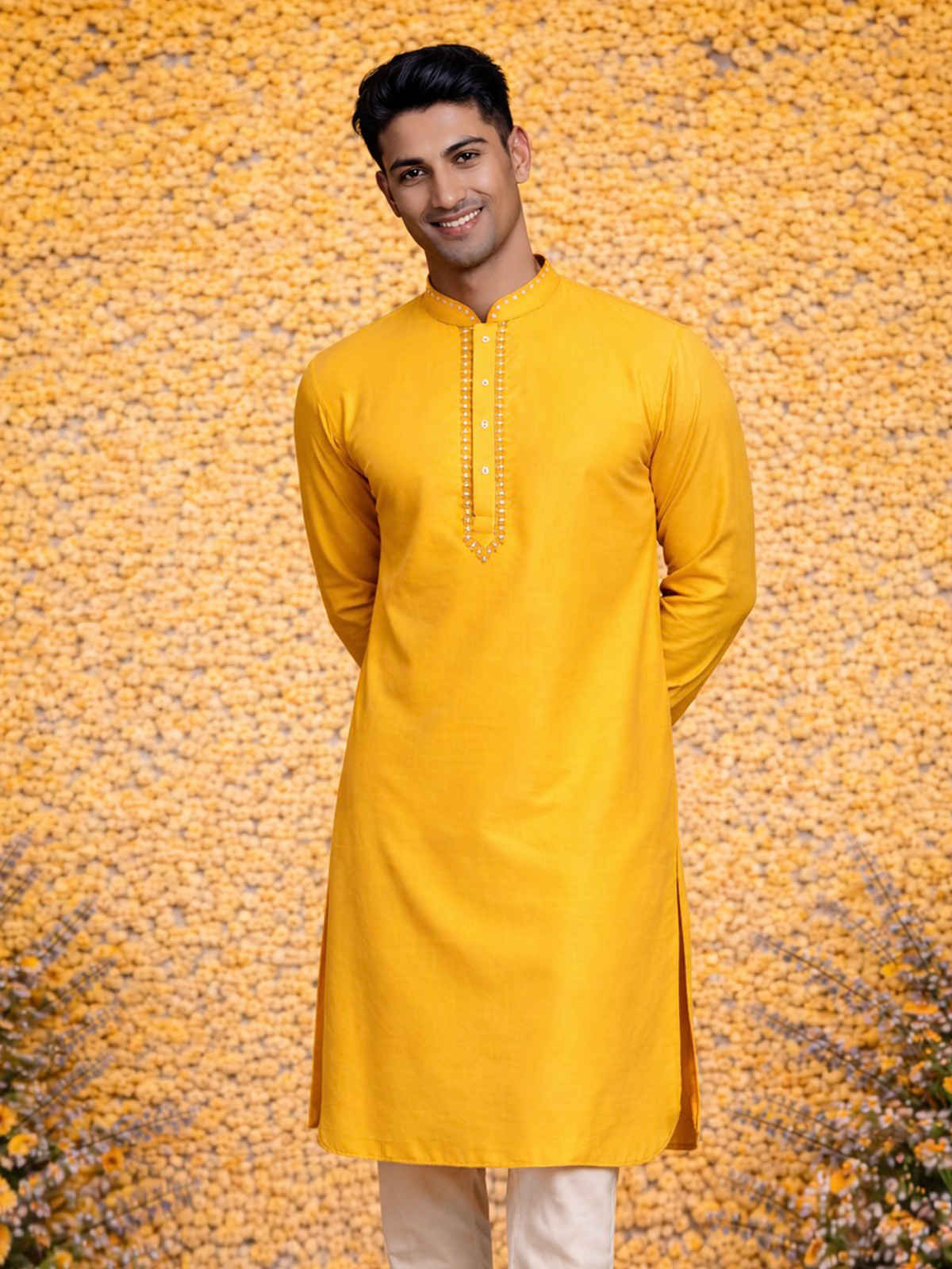 Vastramay Men's Cotton Blend Kurta for Eid | Yellow - L