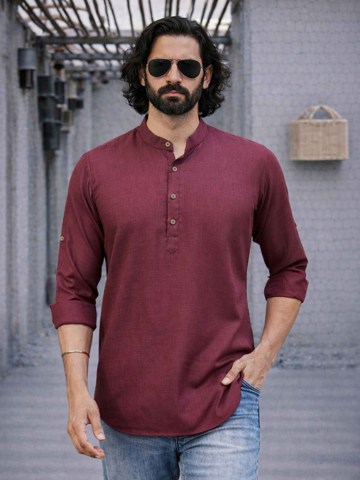 Vastramay Men's Cotton Blend Short Kurta for Eid | Purple - L