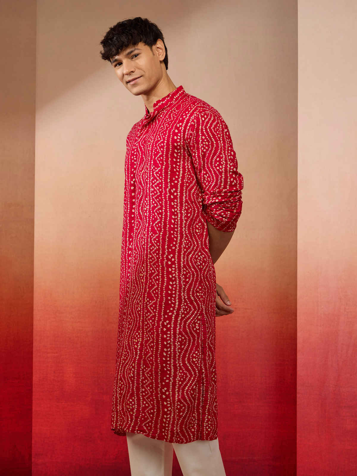 Vastramay Men's Pink Bandhani Rayon Kurta | S