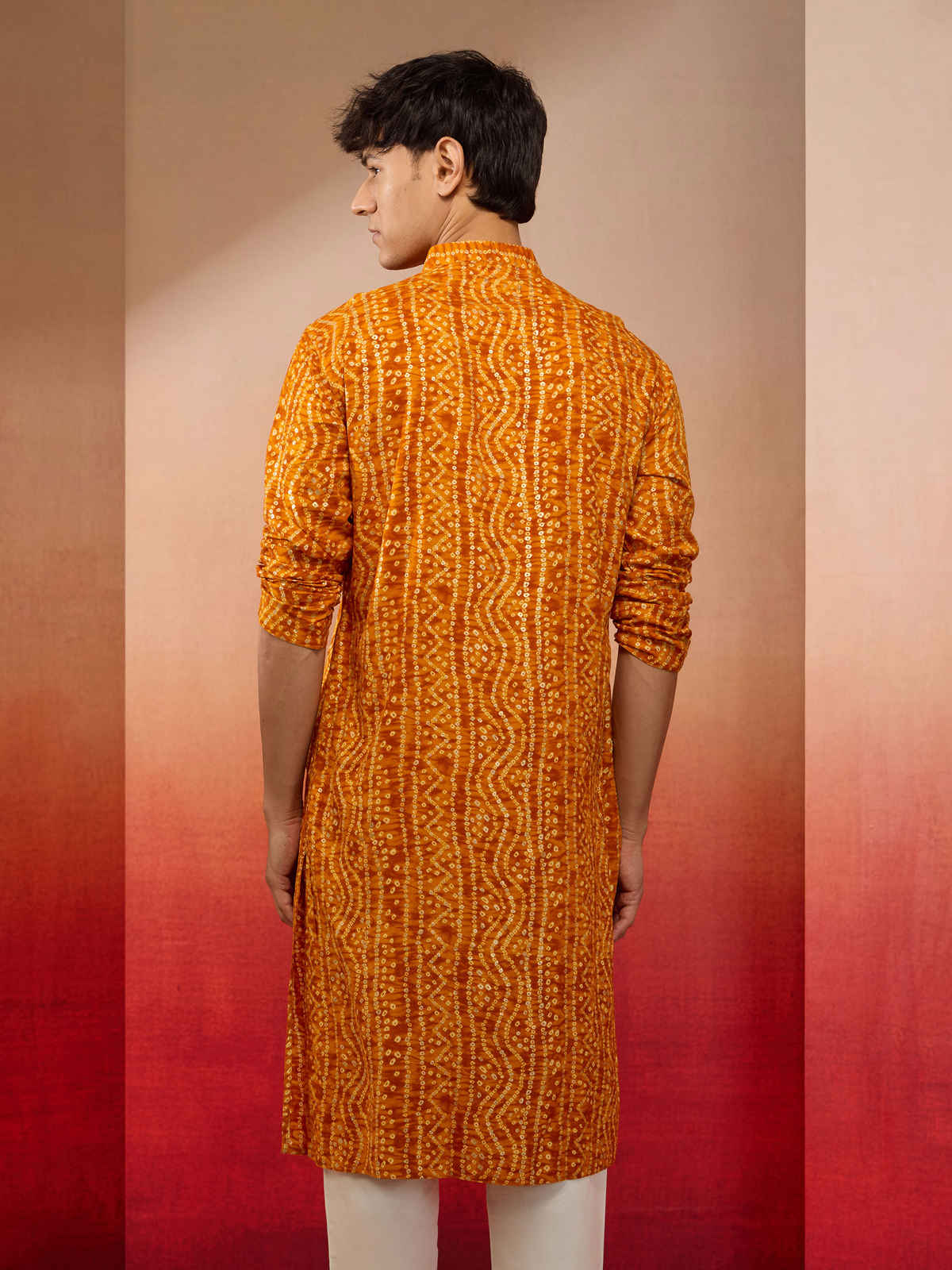 Vastramay Men's Mustard Bandhani Rayon Kurta | XL