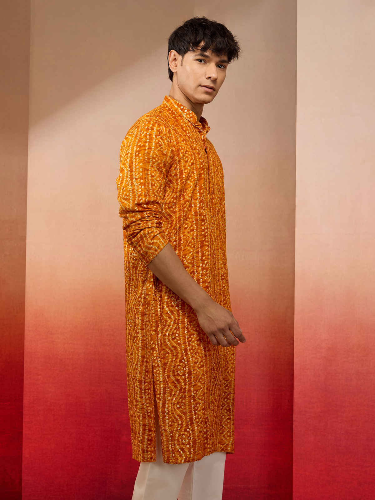 Vastramay Men's Mustard Bandhani Rayon Kurta | XL