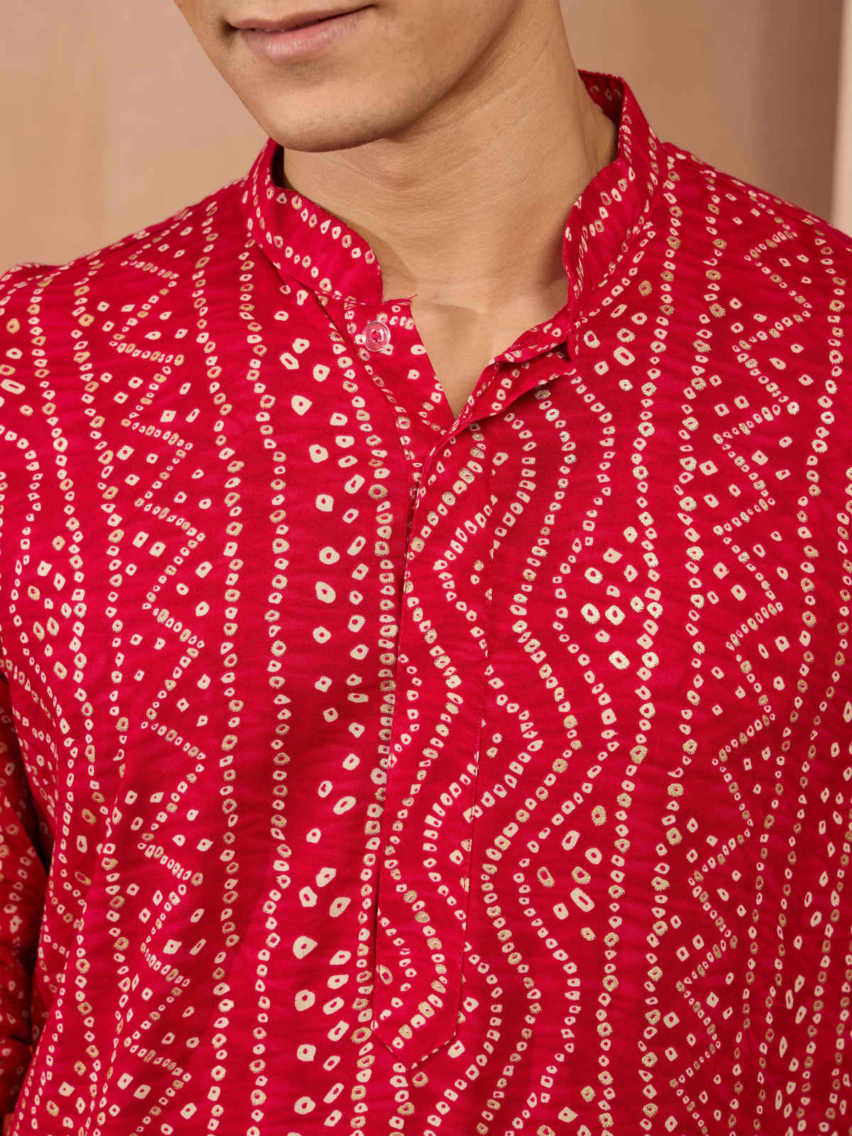 Vastramay Men's Pink Bandhani Rayon Kurta | M