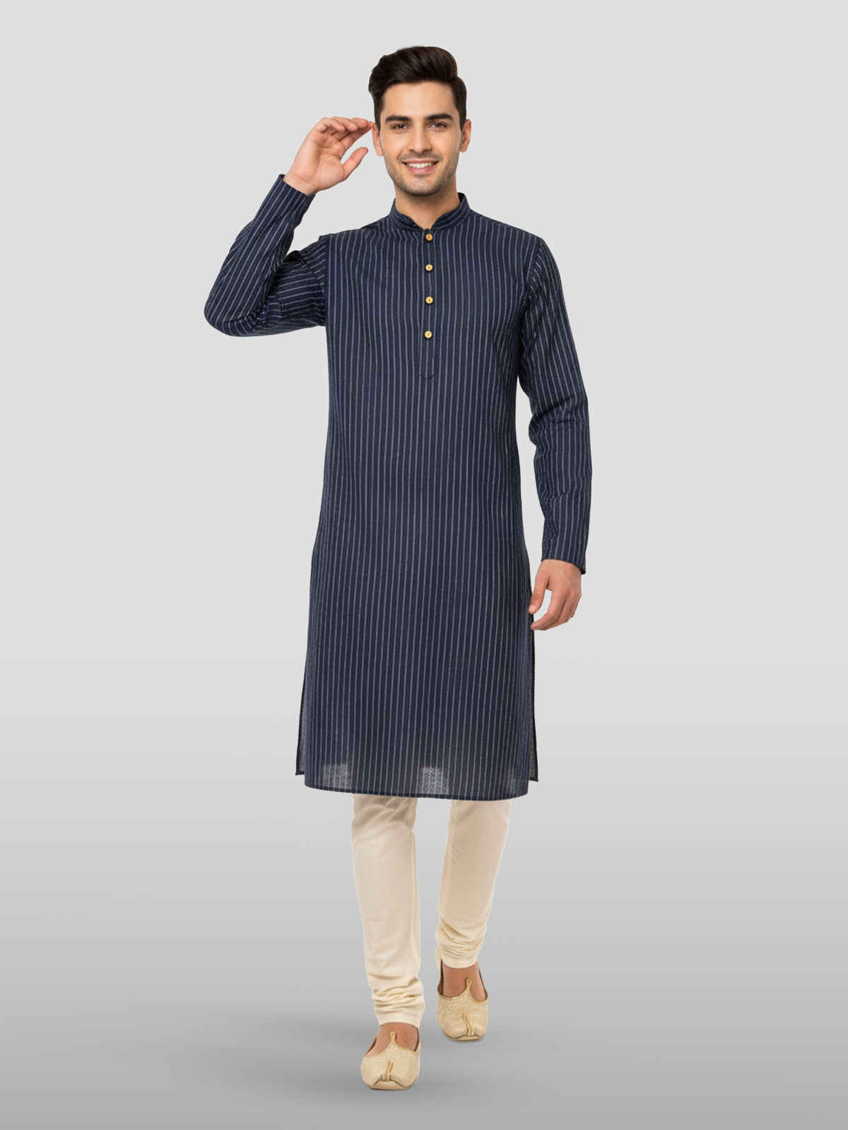 Vastramay Men's Cotton Kurta | Navy Blue | S