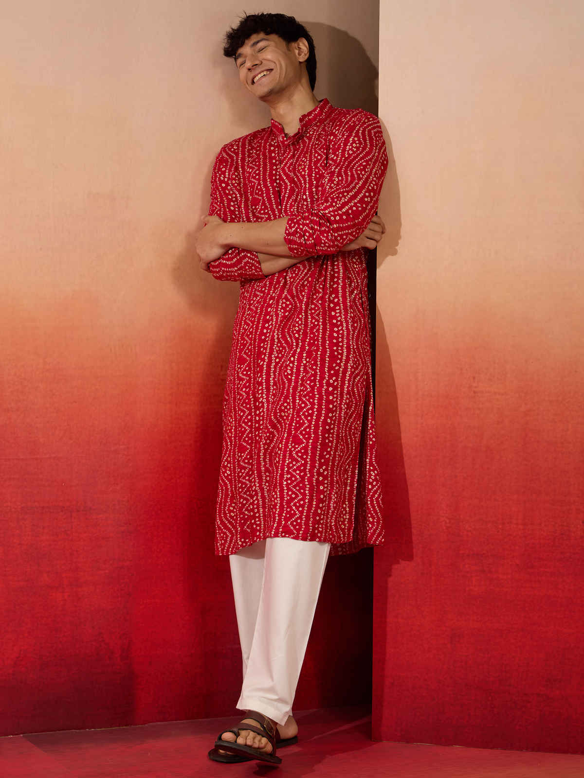Vastramay Men's Pink Bandhani Rayon Kurta | M