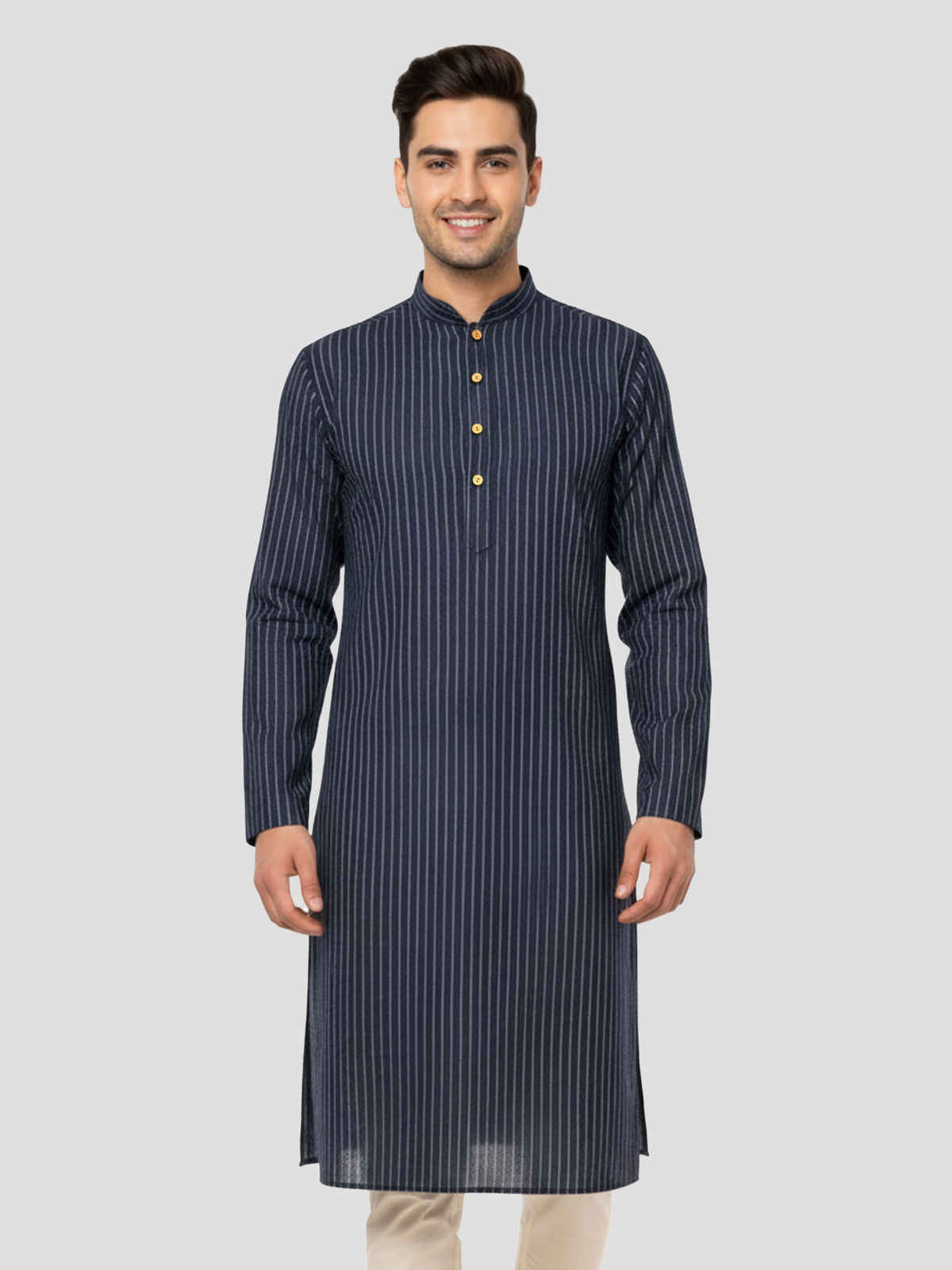 Vastramay Men's Cotton Kurta | Navy Blue | S