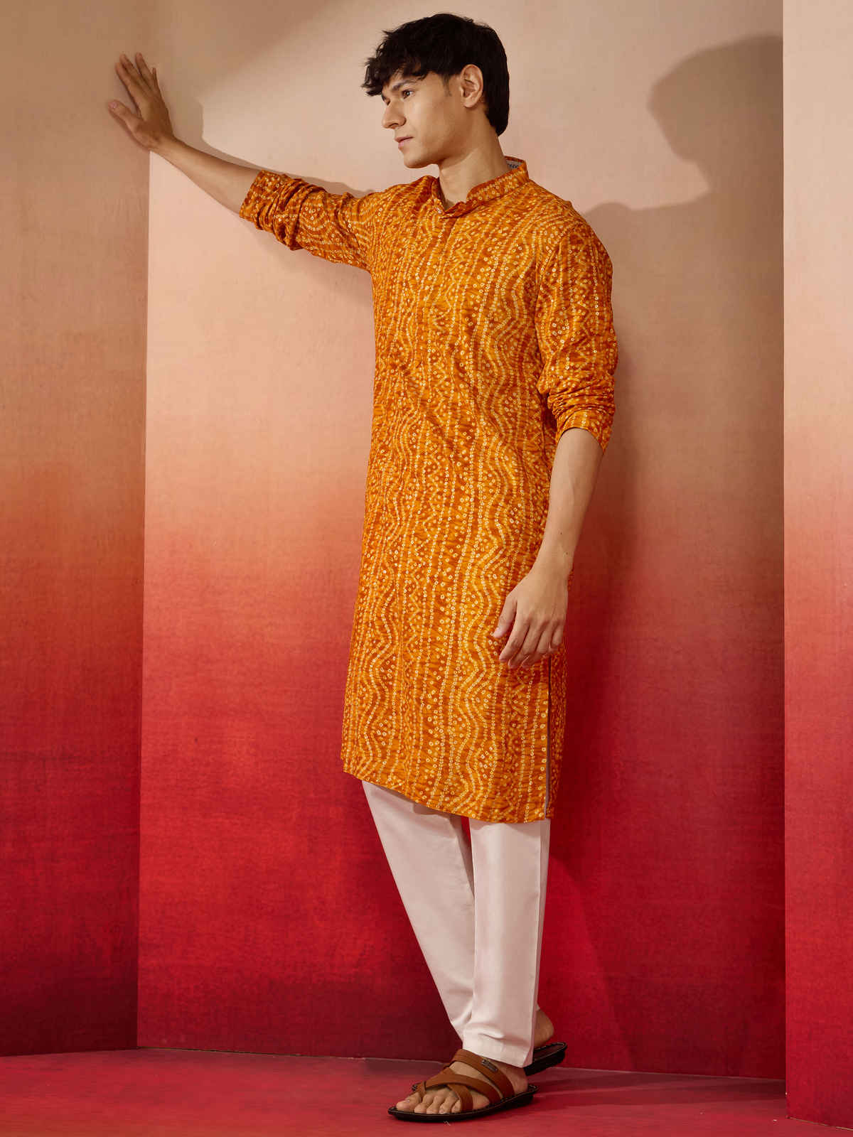 Vastramay Men's Mustard Bandhani Rayon Kurta | XL