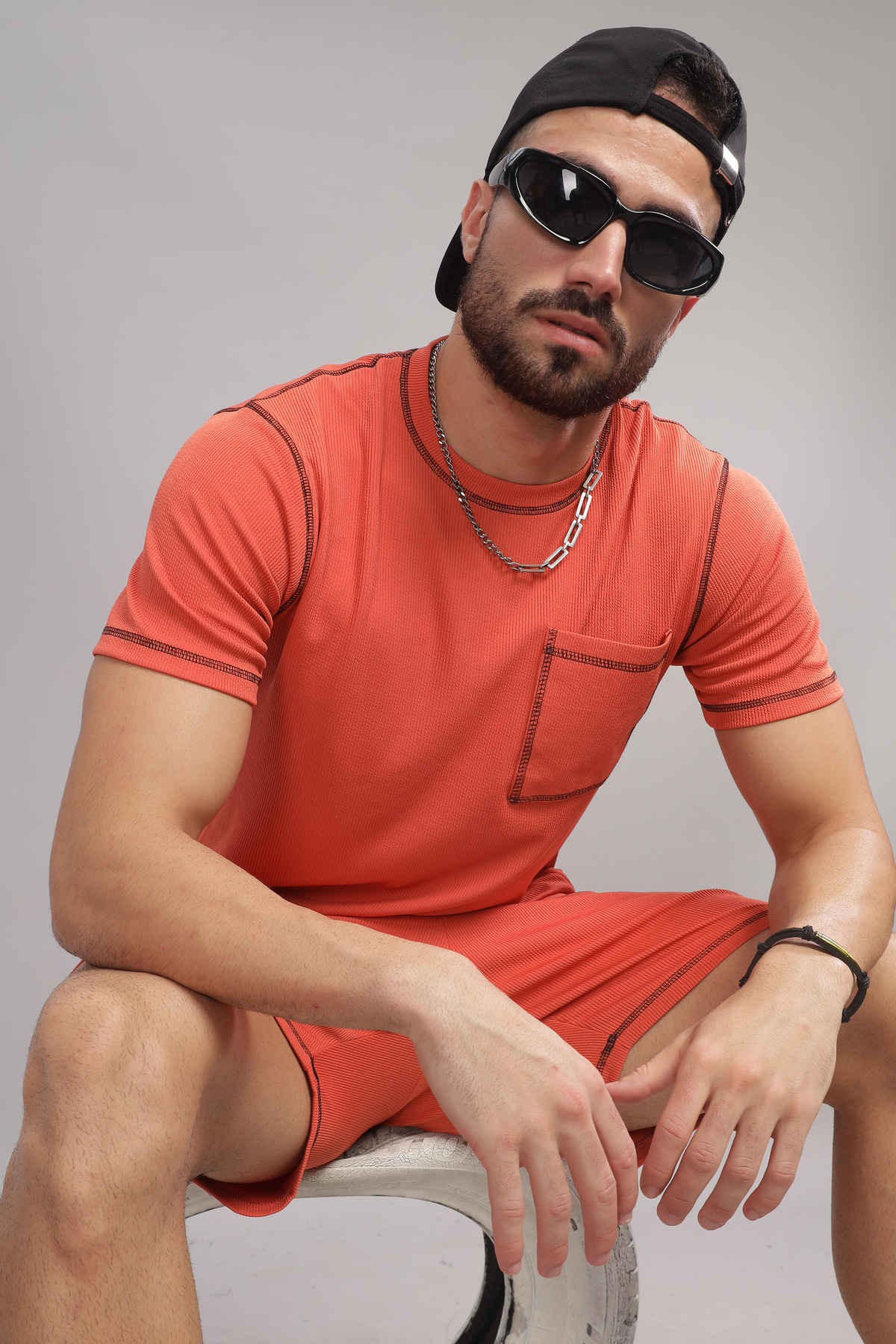 FTX Men's Structured Fabric Solid Regular Fit Co-ord Set T-shirt & Shorts | Rust - L