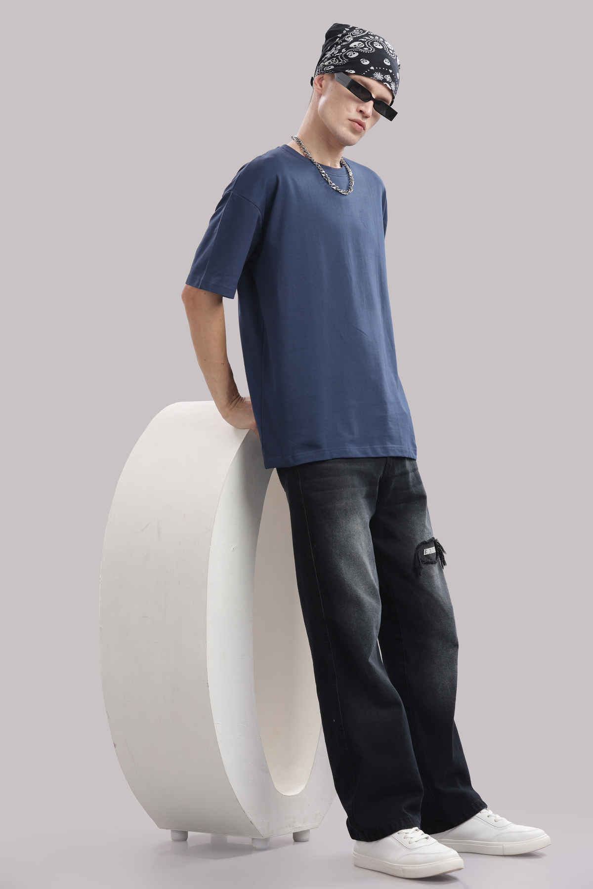 OUTLAWS Men's 100% Cotton Oversized T-Shirt | Half Sleeves | Round Neck | Dark Blue - XL