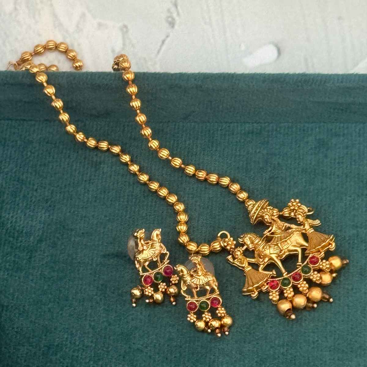 The Opal Factory Necklace Set Long in Golden Chain Barati Pendant with Ghungroo and Earrings | Gold