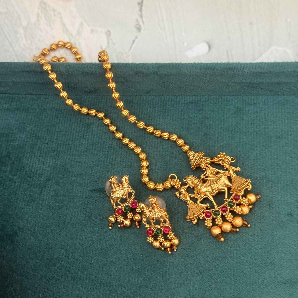 The Opal Factory Necklace Set Long in Golden Chain Barati Pendant with Ghungroo and Earrings | Gold