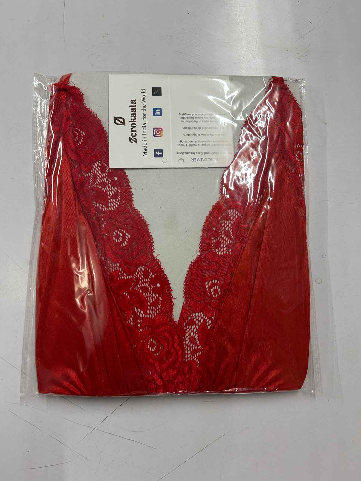 Women Red Self Design Satin Nightwear Baby Doll Lingerie - One Size