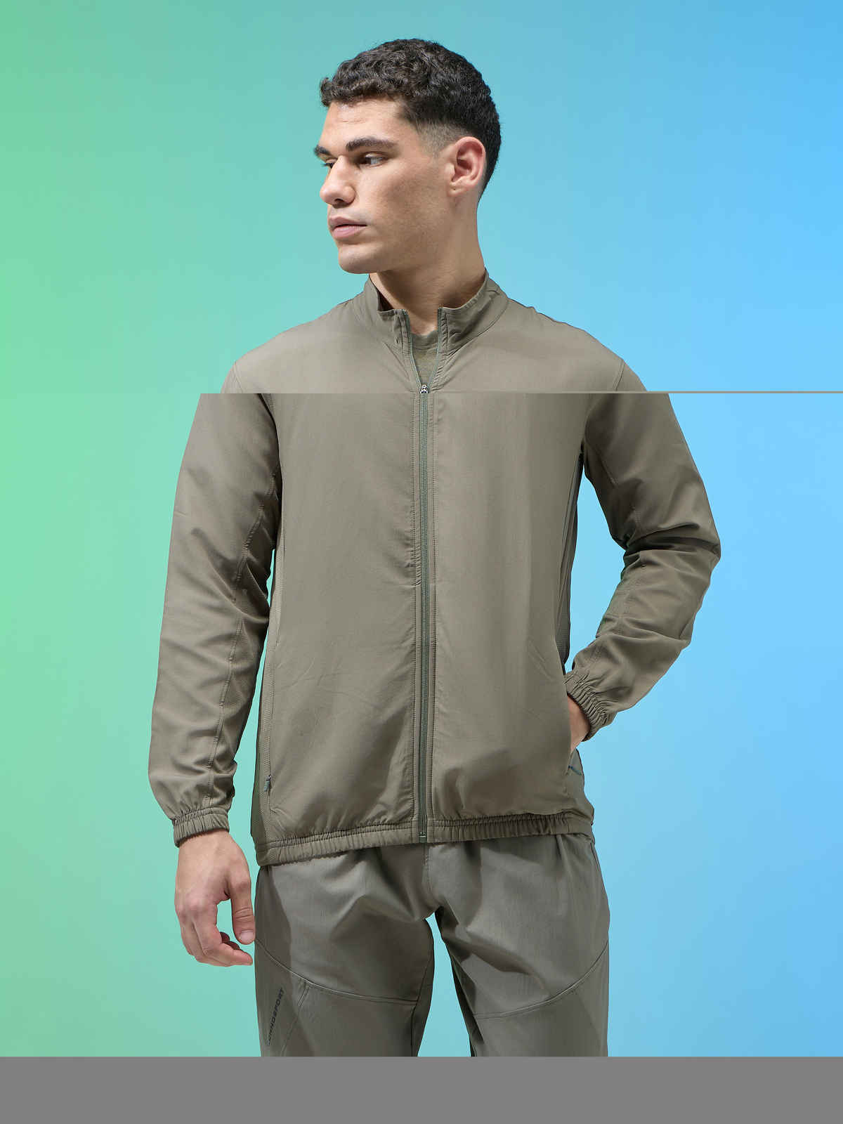 Technosport Men's Slim Fit Mock Neck Sports Jacket | TECHNOLITE Fabric | Olive - M