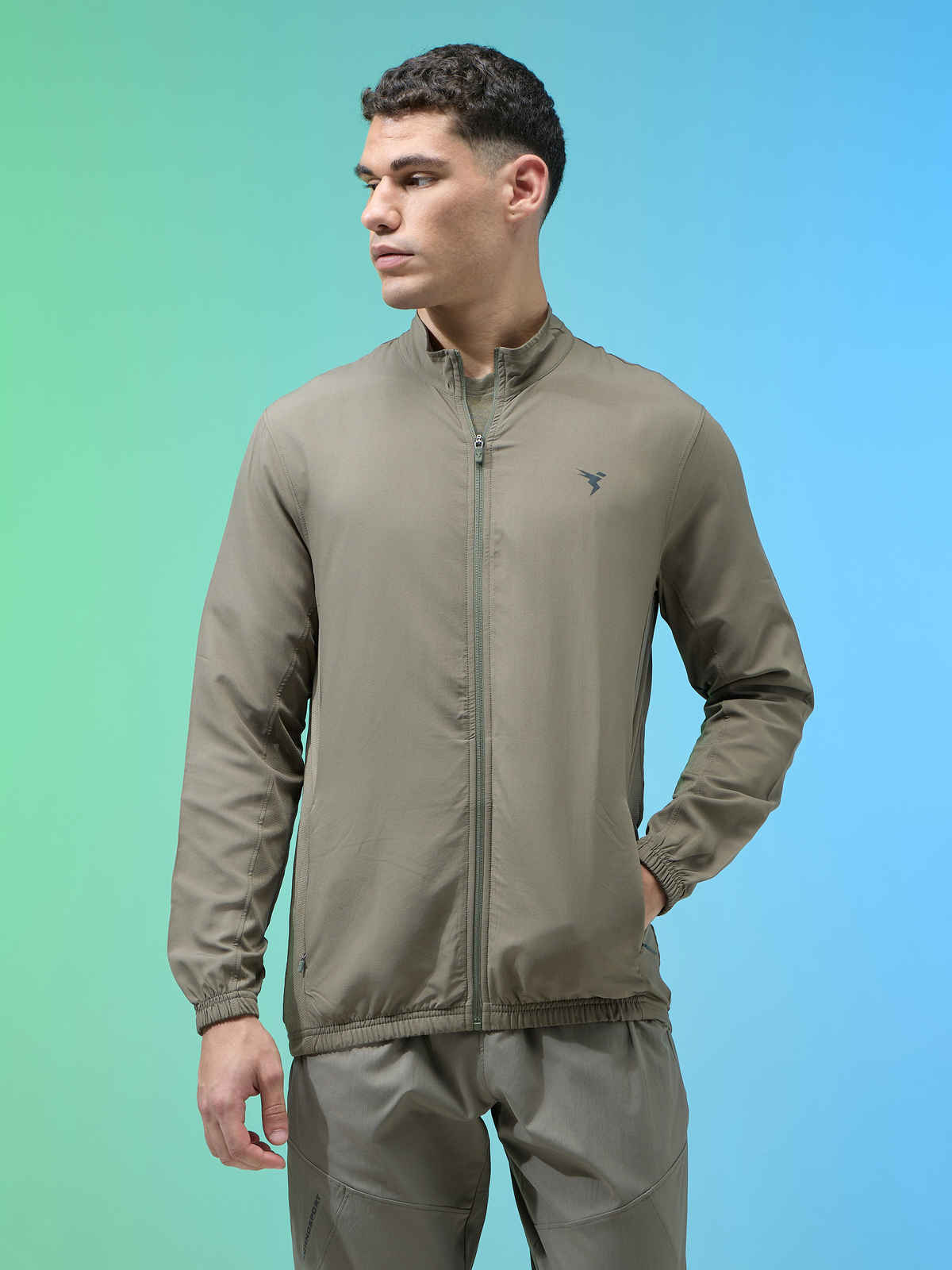 Technosport Men's Slim Fit Mock Neck Sports Jacket | TECHNOLITE Fabric | Olive - M