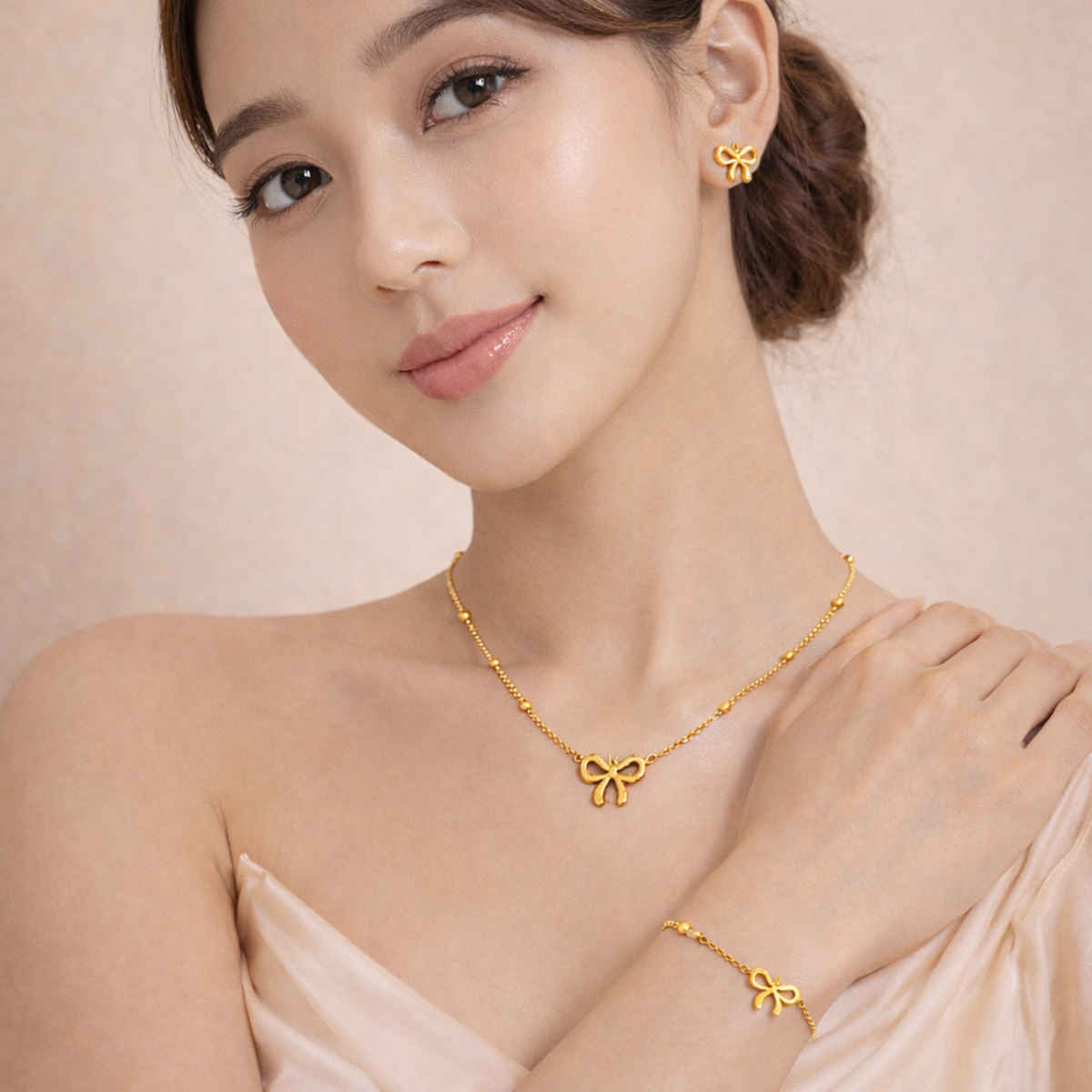 BeautyNX Gold Bow Necklace, Bracelet & Earrings Combo Set for Women