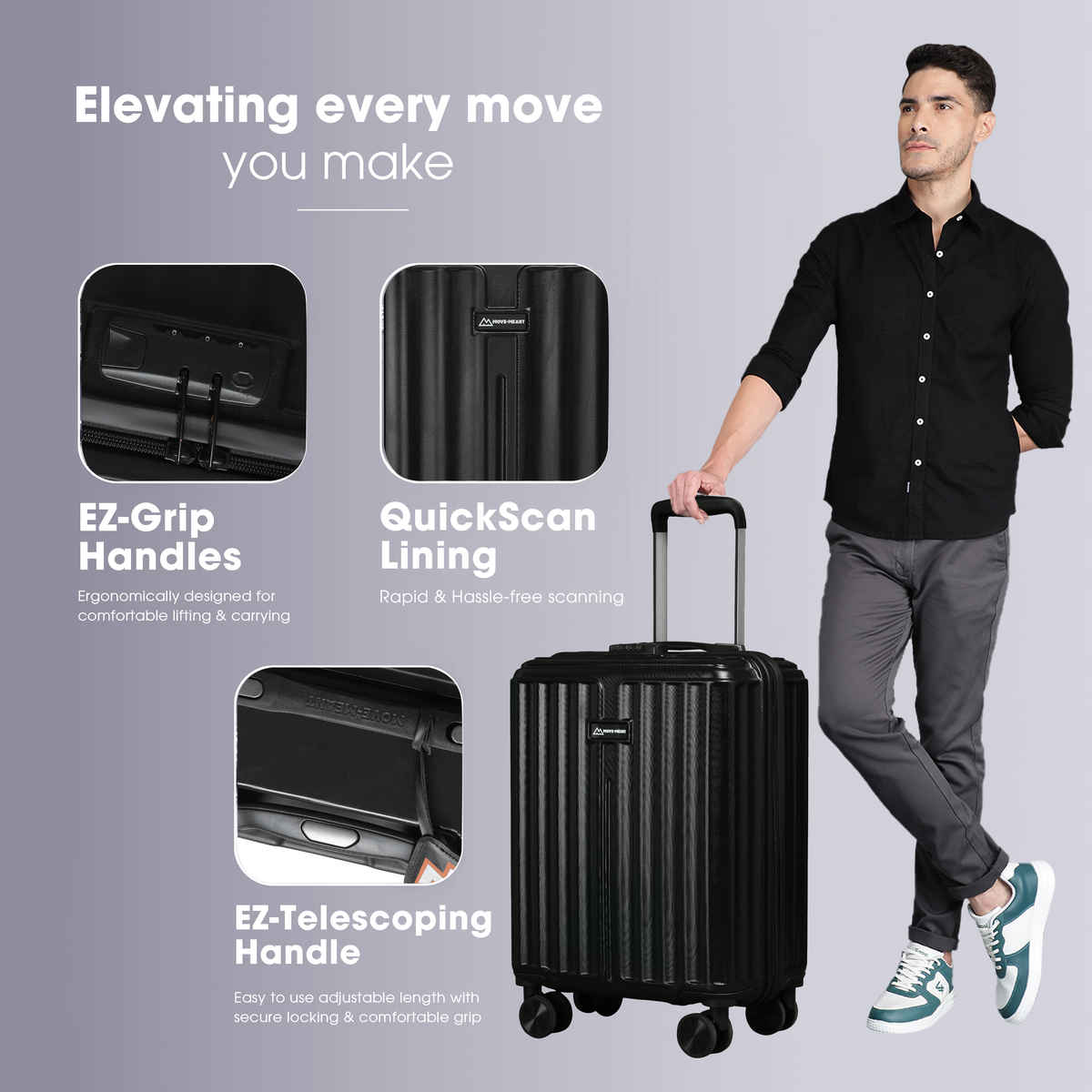 Move-Meant Roamify Large Suitcase | Polycarbonate Trolley | 8 Wheels | Number Lock | Black - 75cm