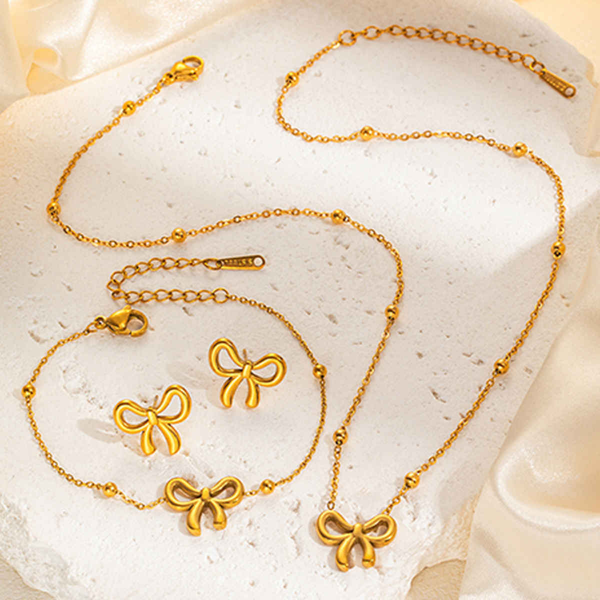 BeautyNX Gold Bow Necklace, Bracelet & Earrings Combo Set for Women