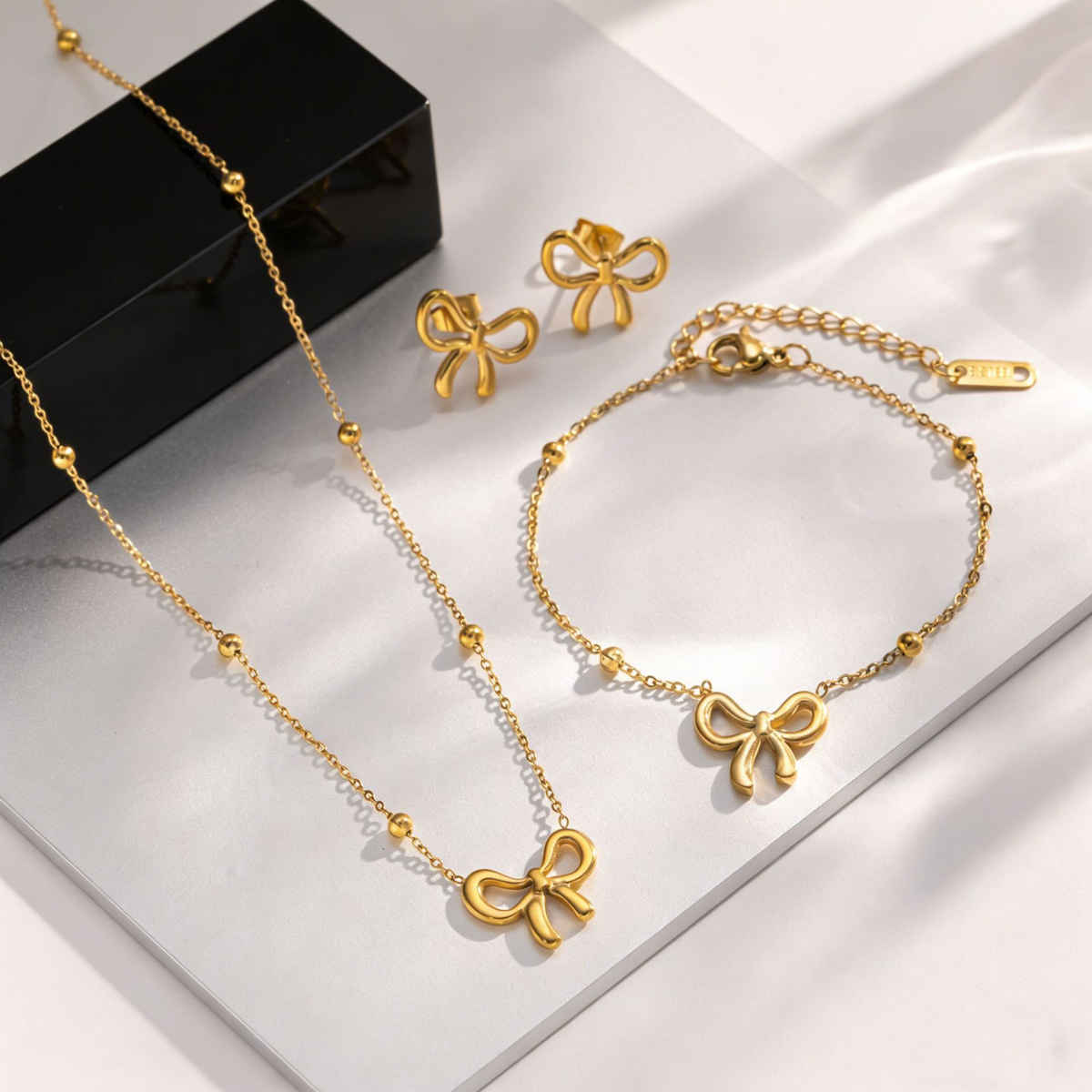 BeautyNX Gold Bow Necklace, Bracelet & Earrings Combo Set for Women