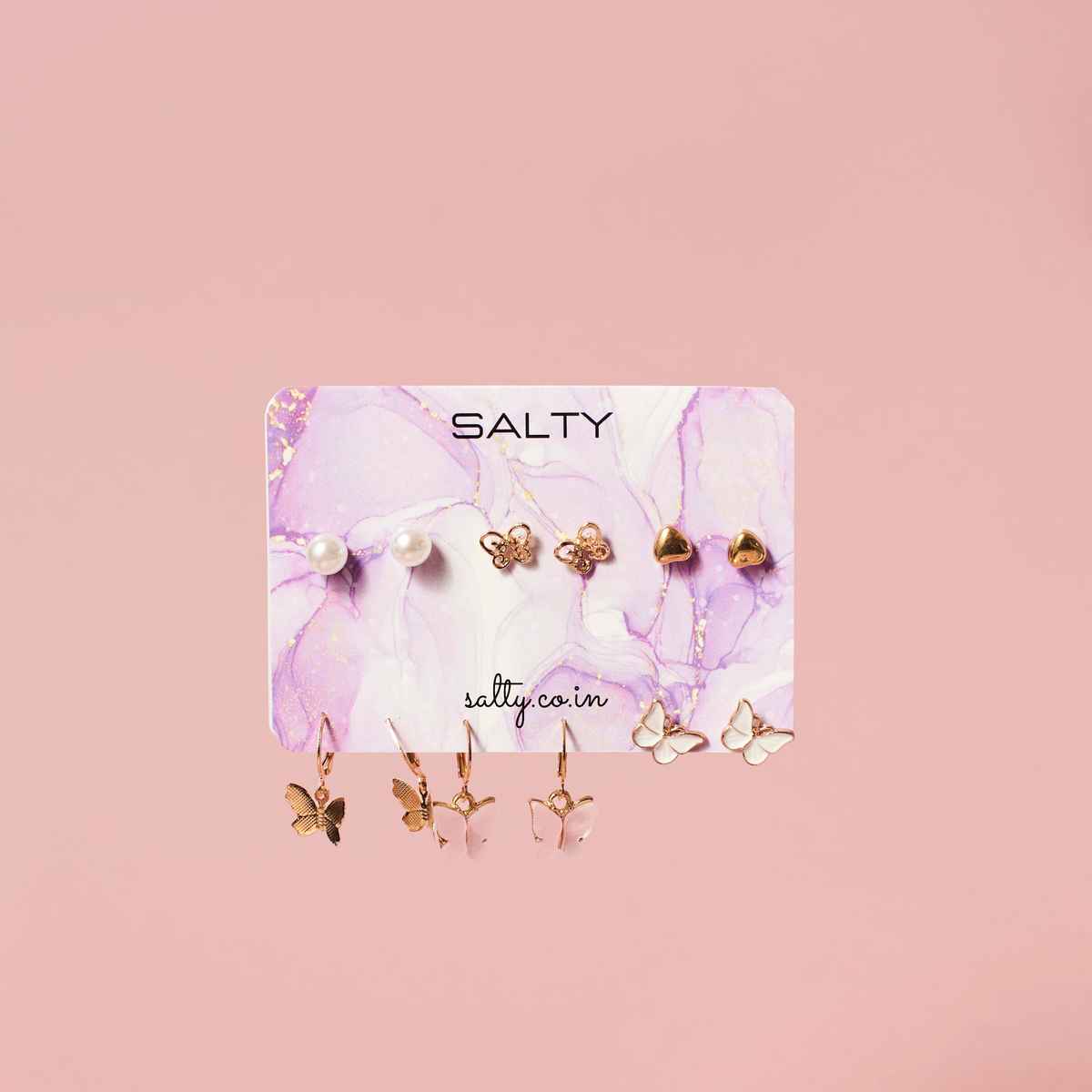 SALTY Set of 6 Butterfly Drop Earrings and Studs for Women and Girls| Anti-Tarnish | Gold and Pink