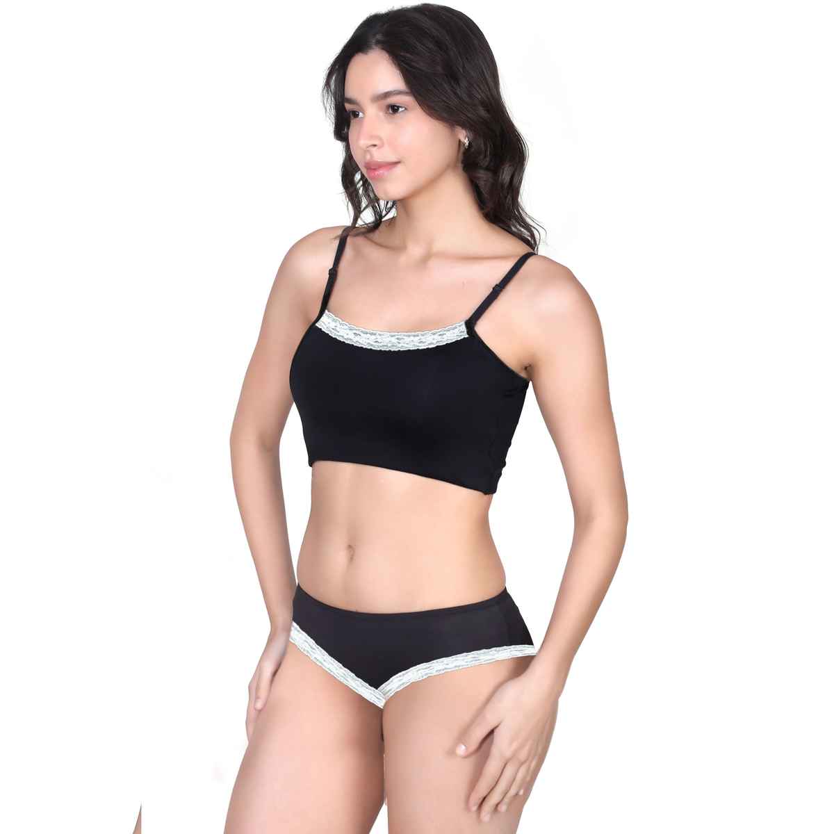 D'chica Women Cotton Lycra Lingerie Set Bra and Thong Panty with Adjustable Straps - Black | L