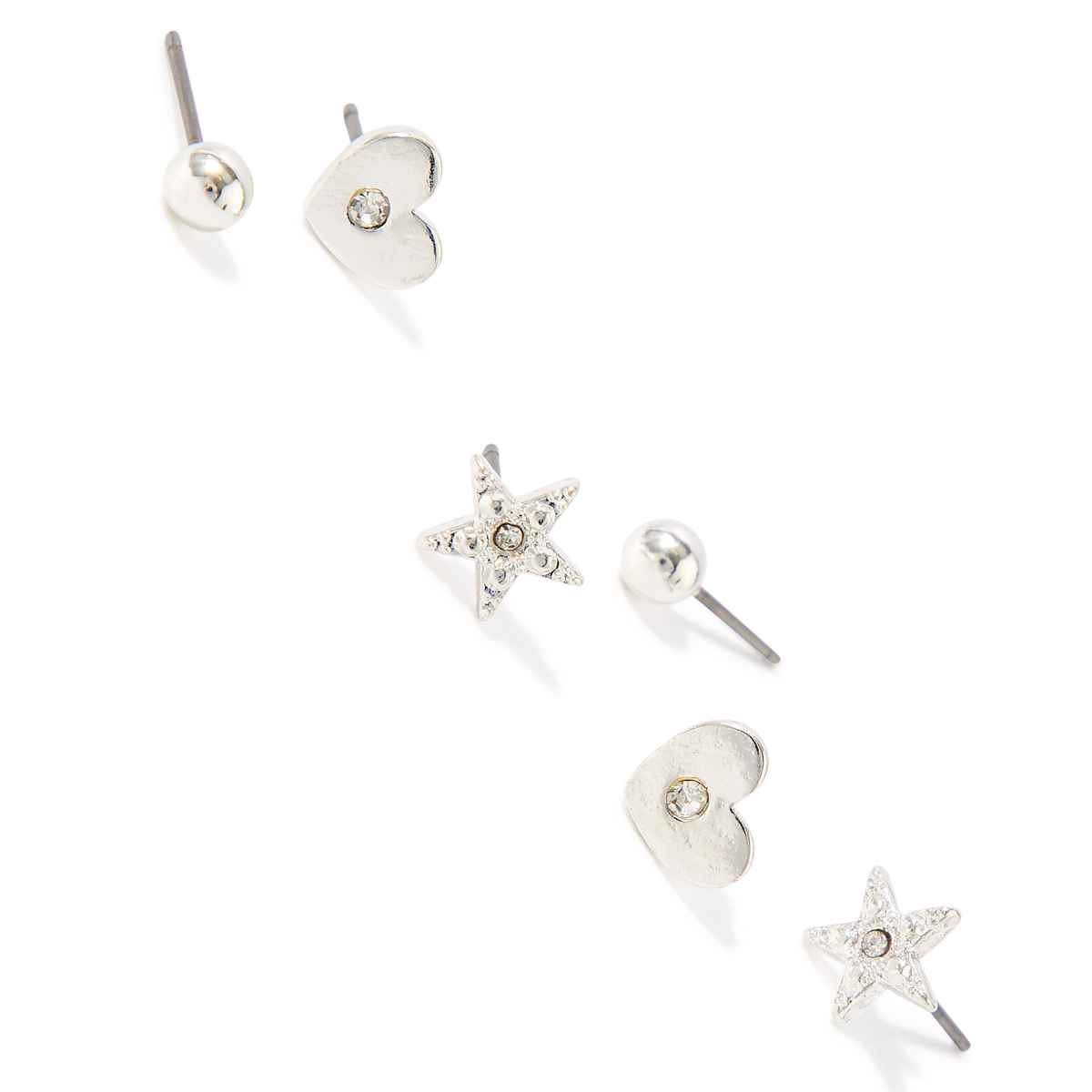 Accessorize London Women's Silver Set Of 3 Heart Stars Stud Earring Pack