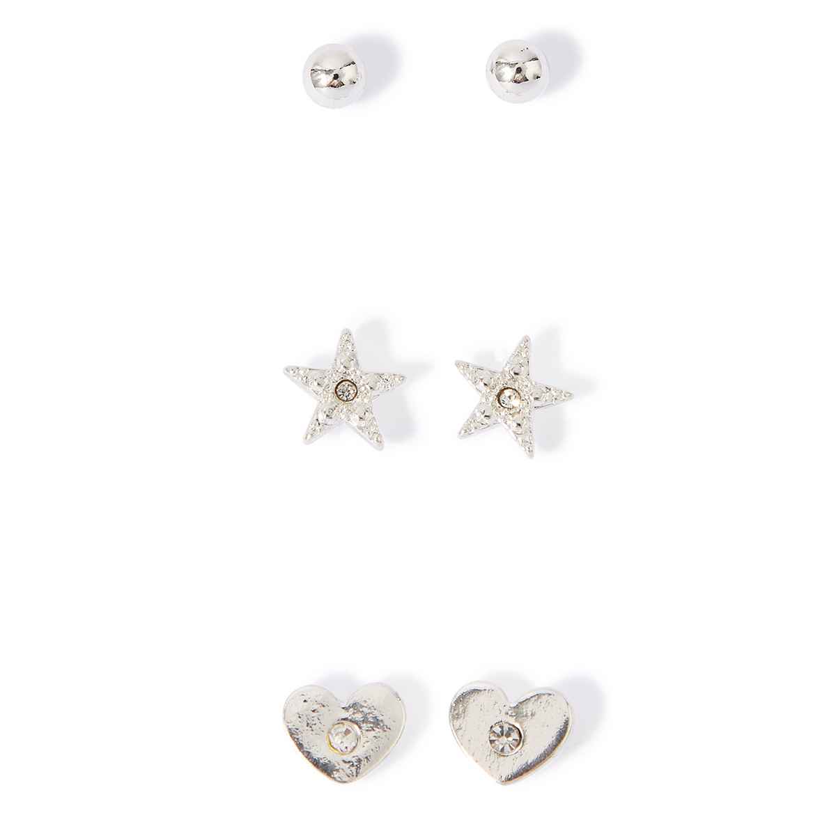 Accessorize London Women's Silver Set Of 3 Heart Stars Stud Earring Pack
