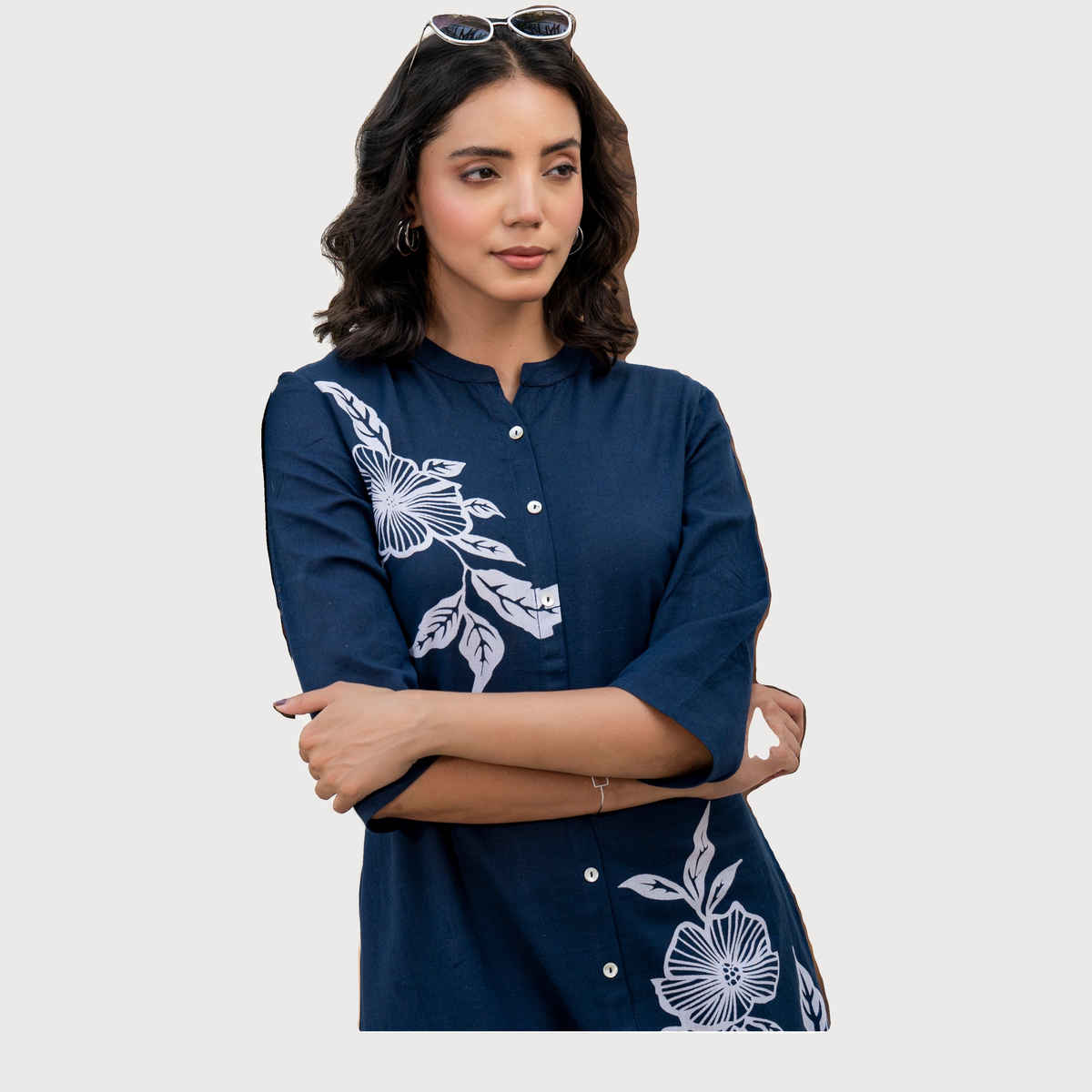 Divena Women s Navy Blue Floral Printed Cotton A-Line Fit Kurta Pant Set | DBK1361 | L