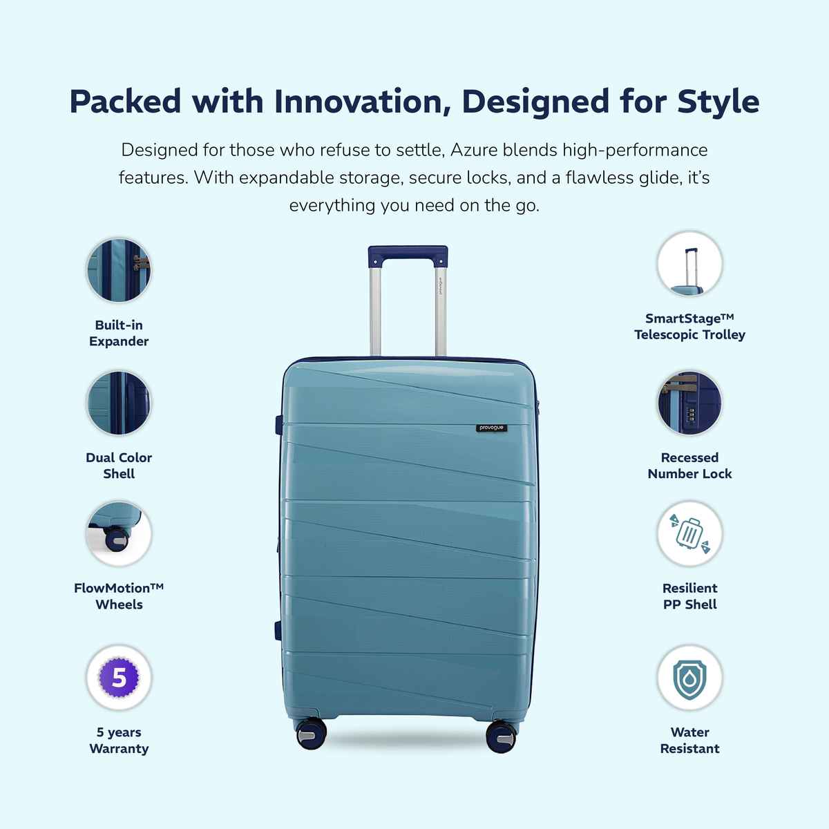 Provogue Azure Hard-Sided PP Large Check-in Luggage Trolley Bag | Saphire-Peacock Blue - 75 cm