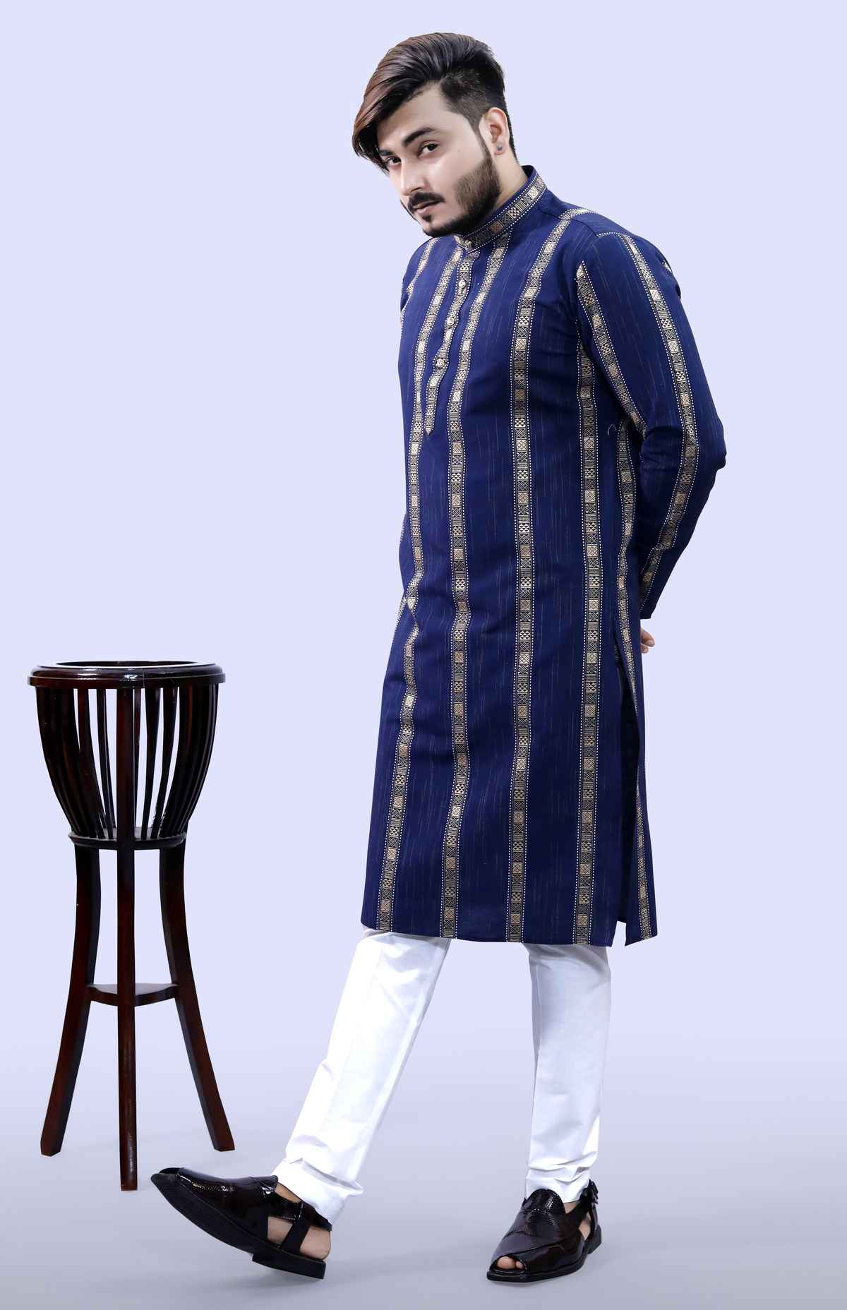Tibra Collection Men Straight Kurta - Navy | Striped | Cotton Blend | XXL