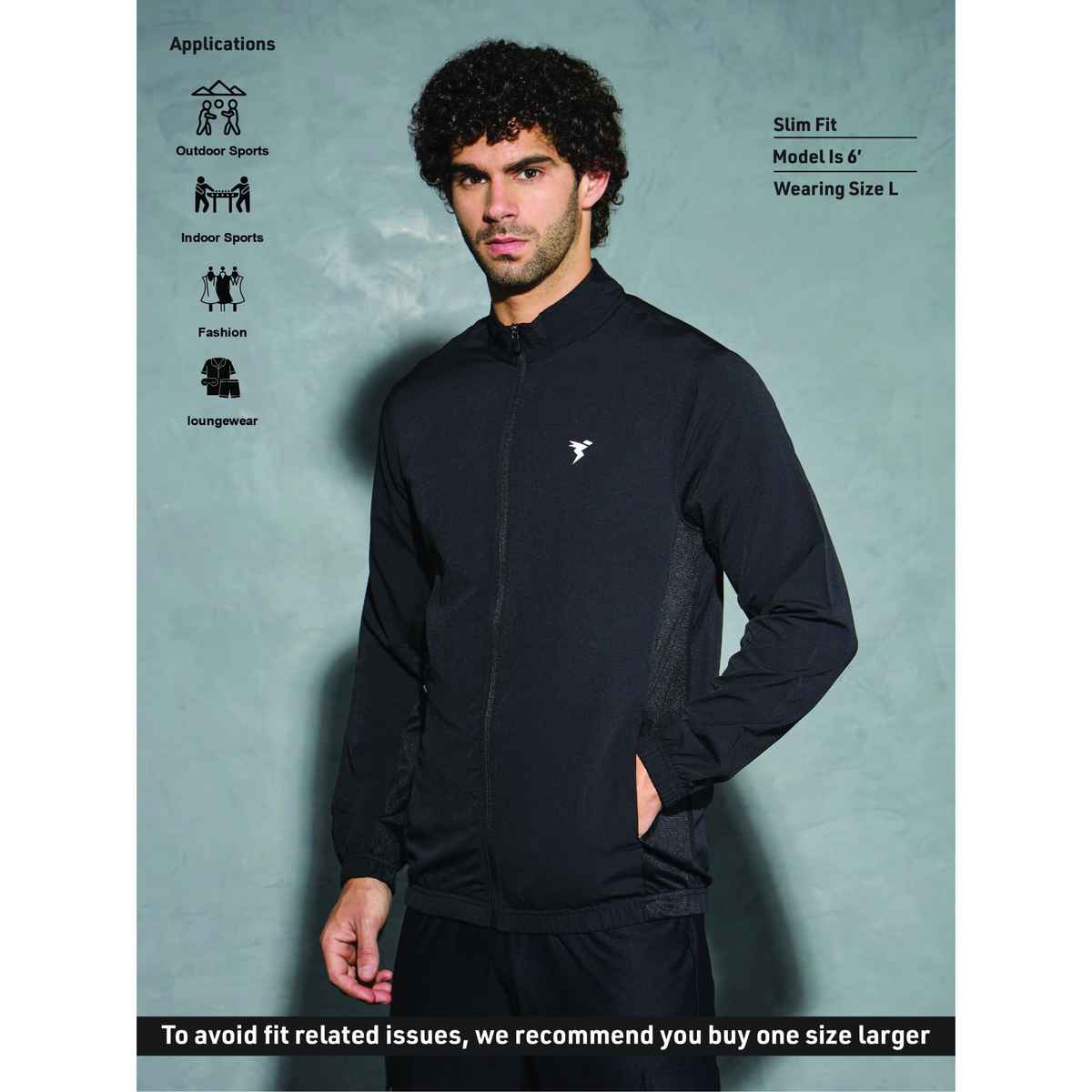 Technosport Men's Poly Solid Slim Fit Mock Neck Full Sleeve Sports Jacket | Black - 2XL