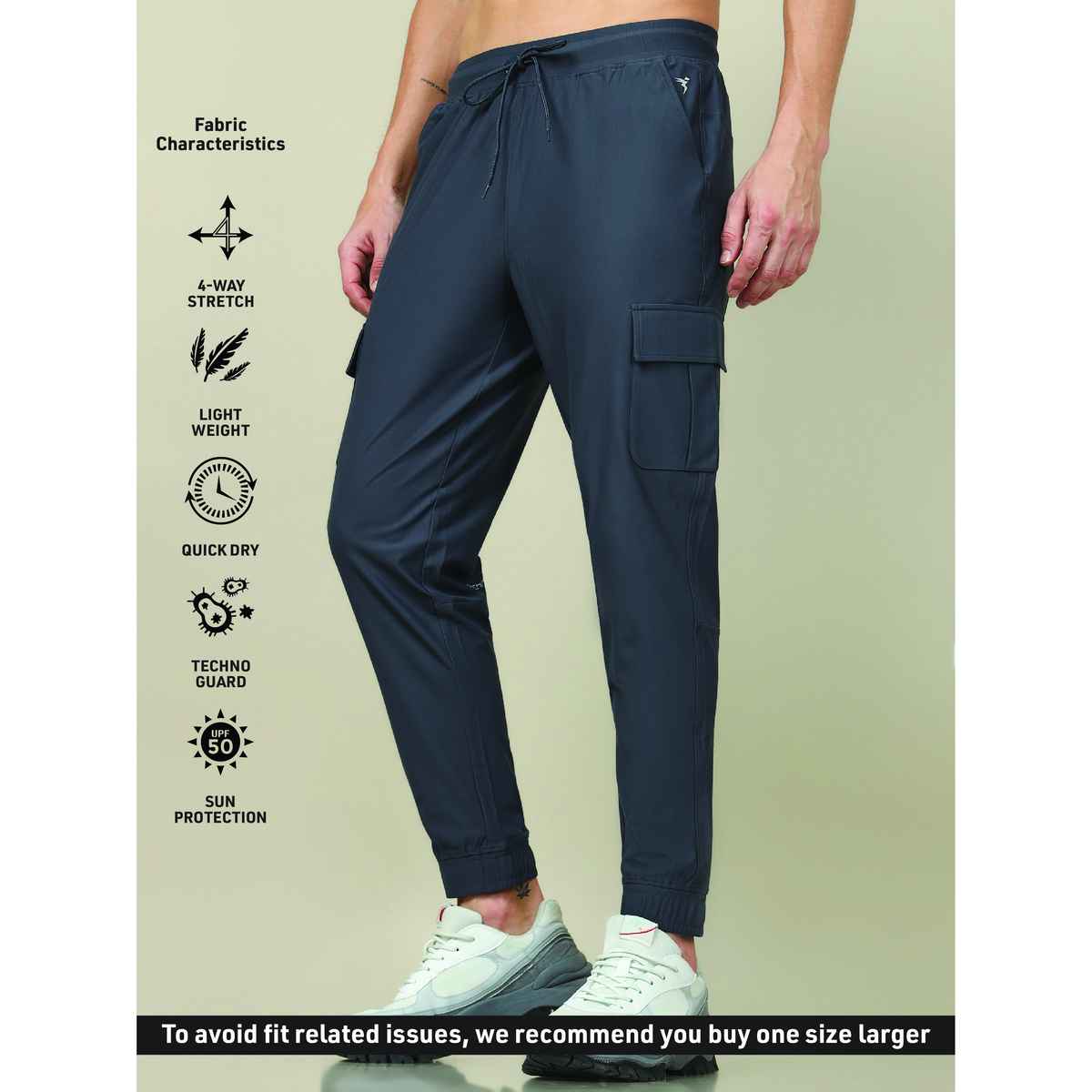 Technosport Men Poly Solid Slim Fit Sports Cargo Joggers with DURACOOL+ | Carbon Grey | 2XL
