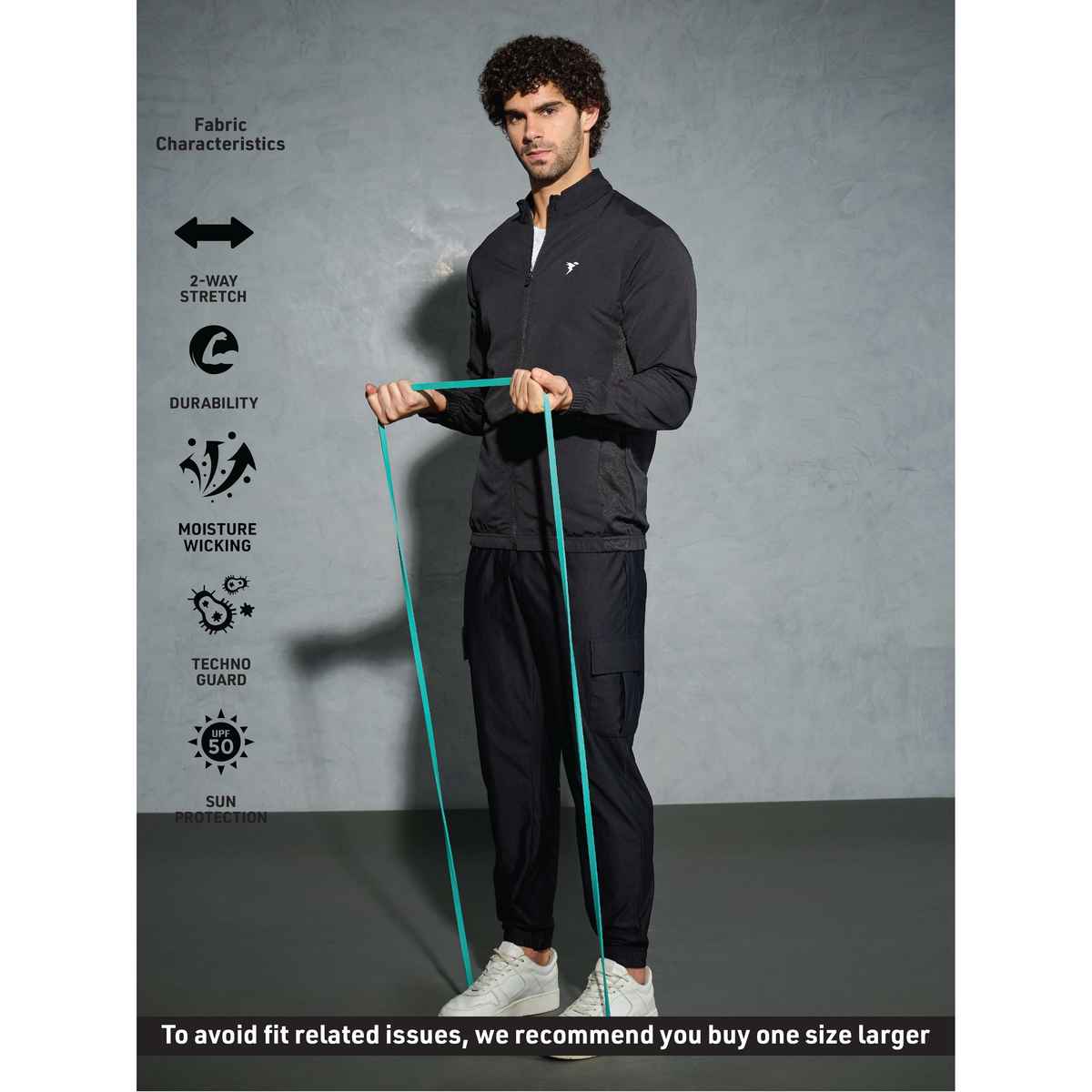 Technosport Men's Poly Solid Slim Fit Mock Neck Full Sleeve Sports Jacket | Black - 2XL