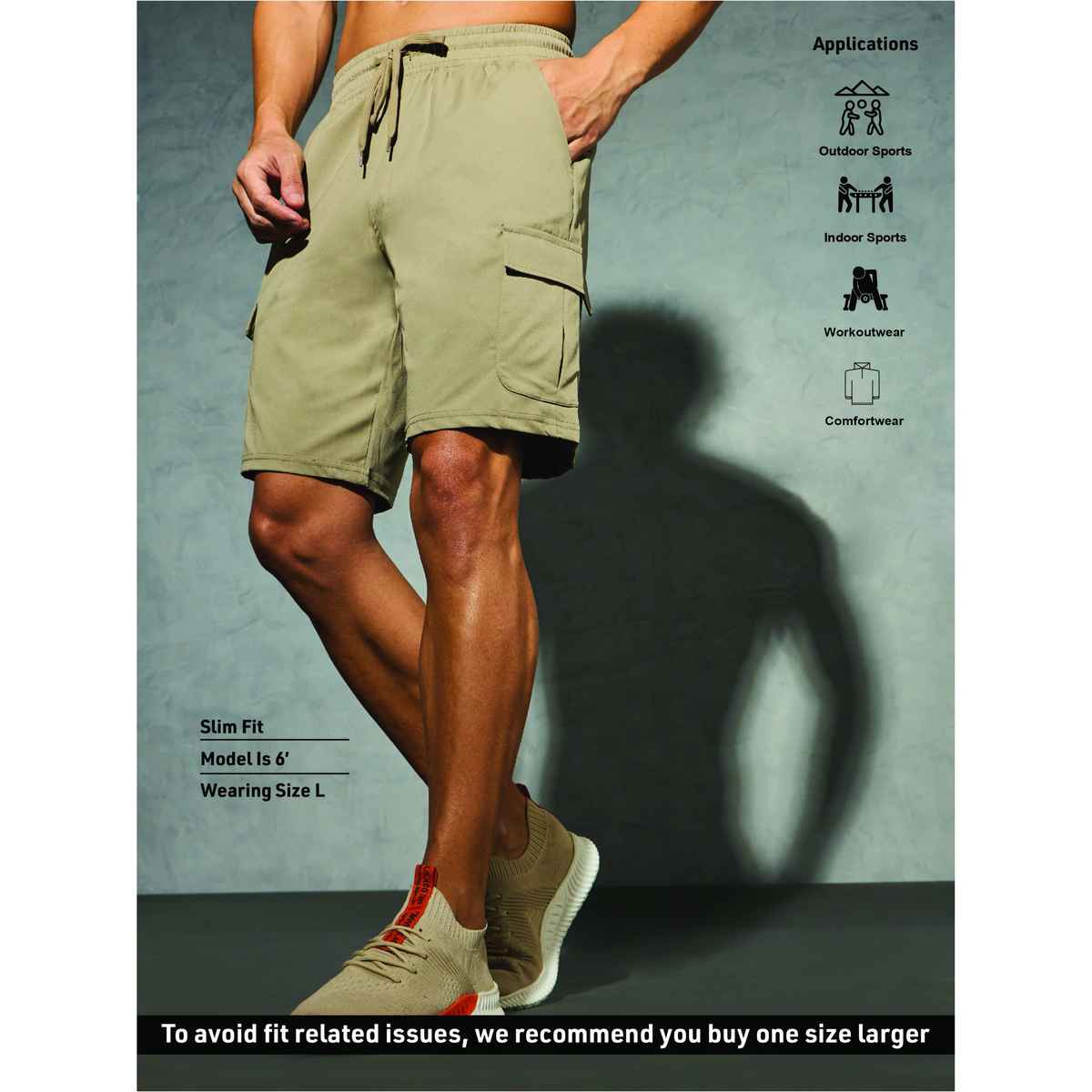 Technosport Men Poly Solid Slim Fit Sports Shorts with TS FLEXI | Khaki | XL