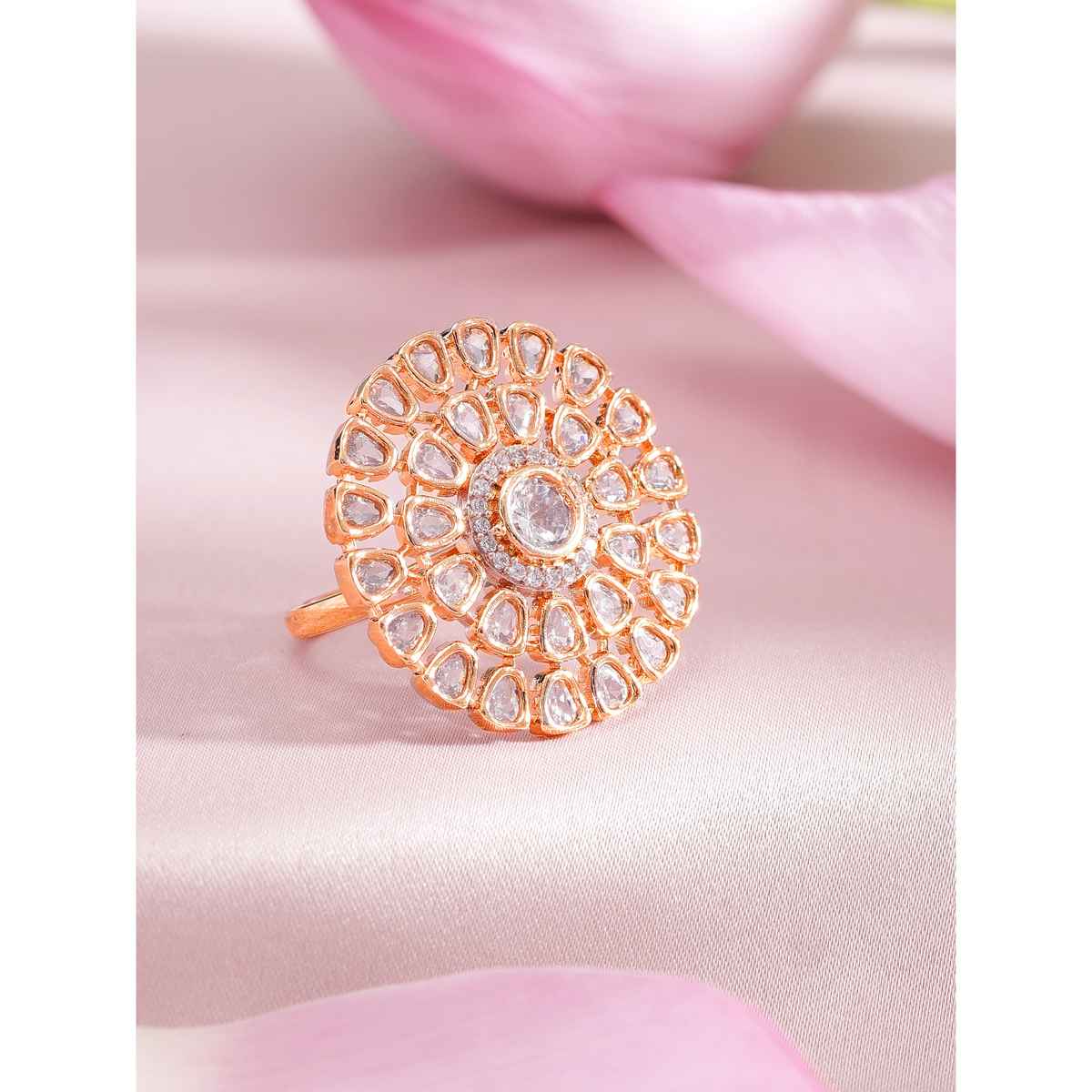 Rubans Gold-Toned CZ-Studded Floral-Shaped Cocktail Adjustable Ring