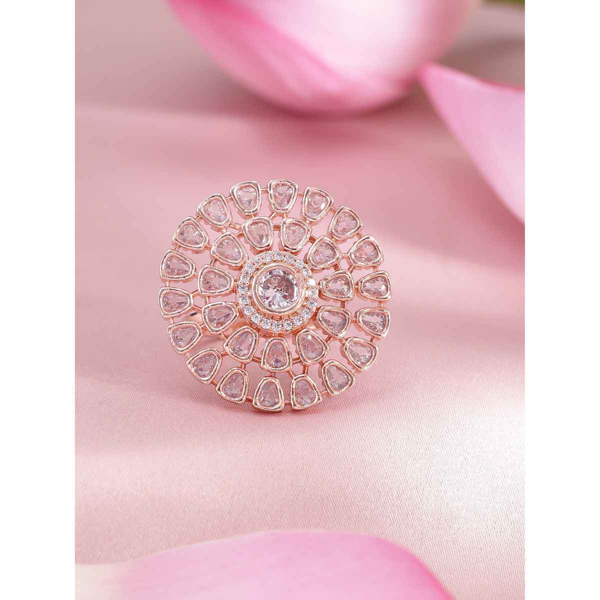 Rubans Gold-Toned CZ-Studded Floral-Shaped Cocktail Adjustable Ring