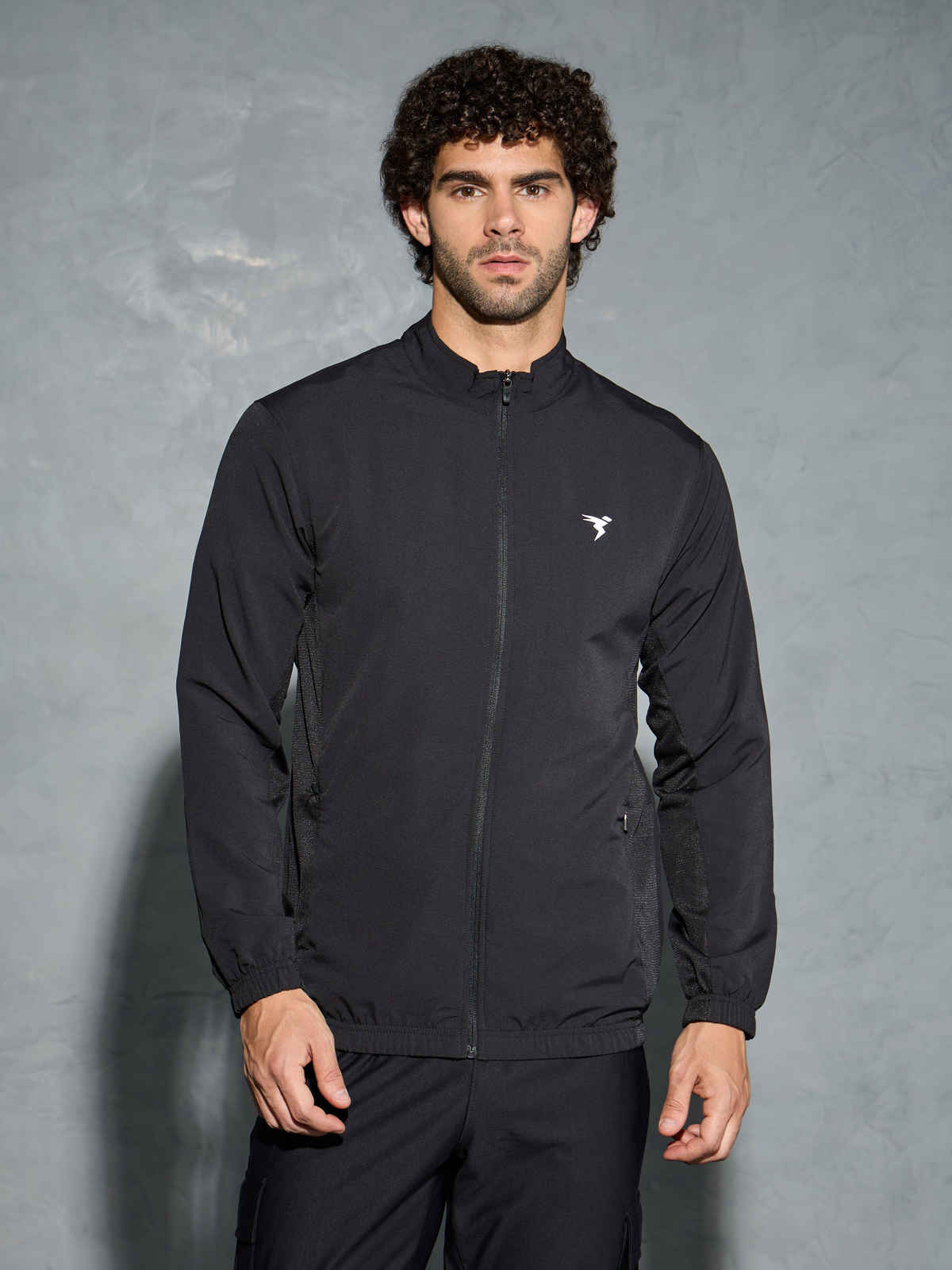 Technosport Men's Poly Solid Slim Fit Mock Neck Full Sleeve Sports Jacket | Black - XL