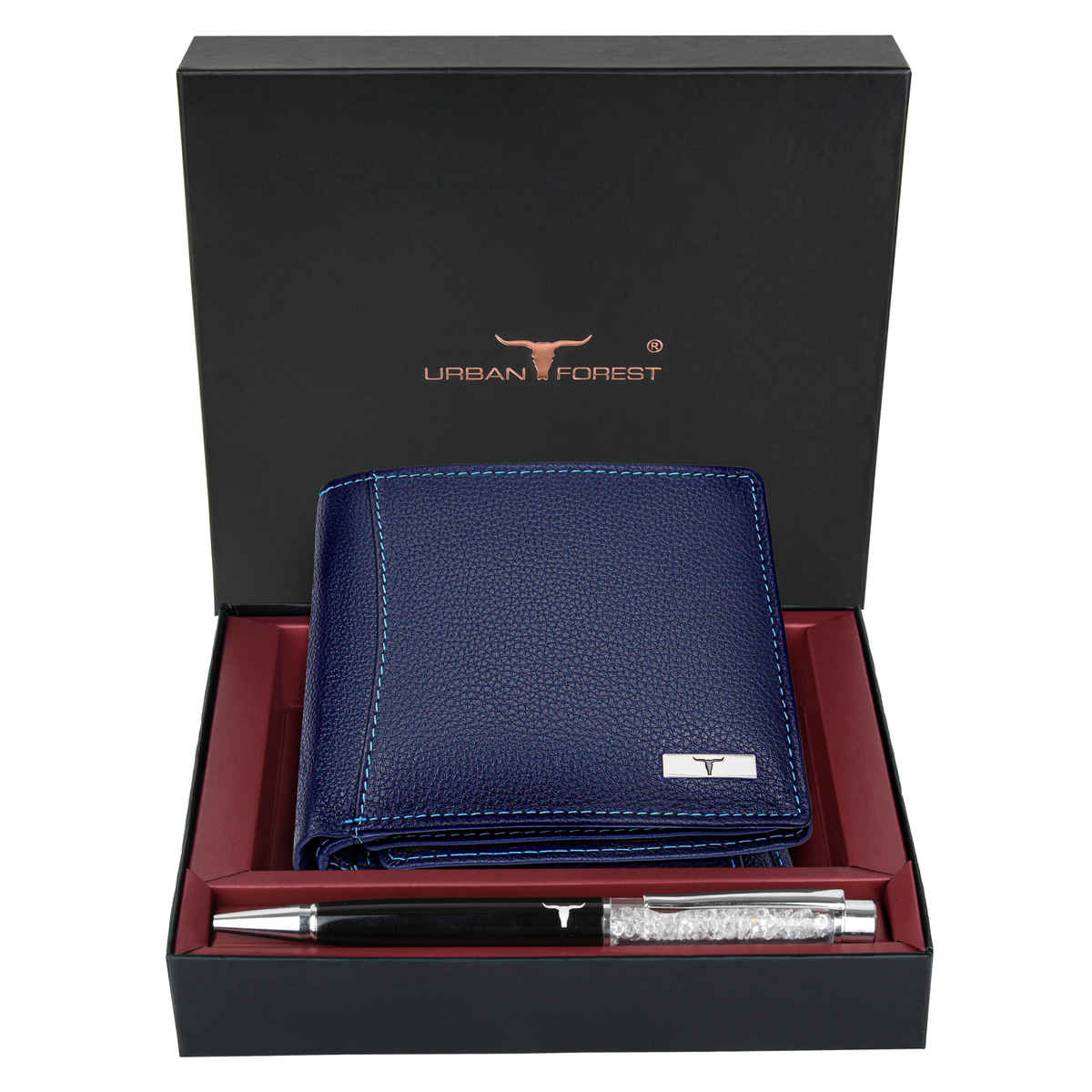 URBAN FOREST Men's Ollin Nappa Leather Wallet & Diamond Pen Combo Gift | Blue