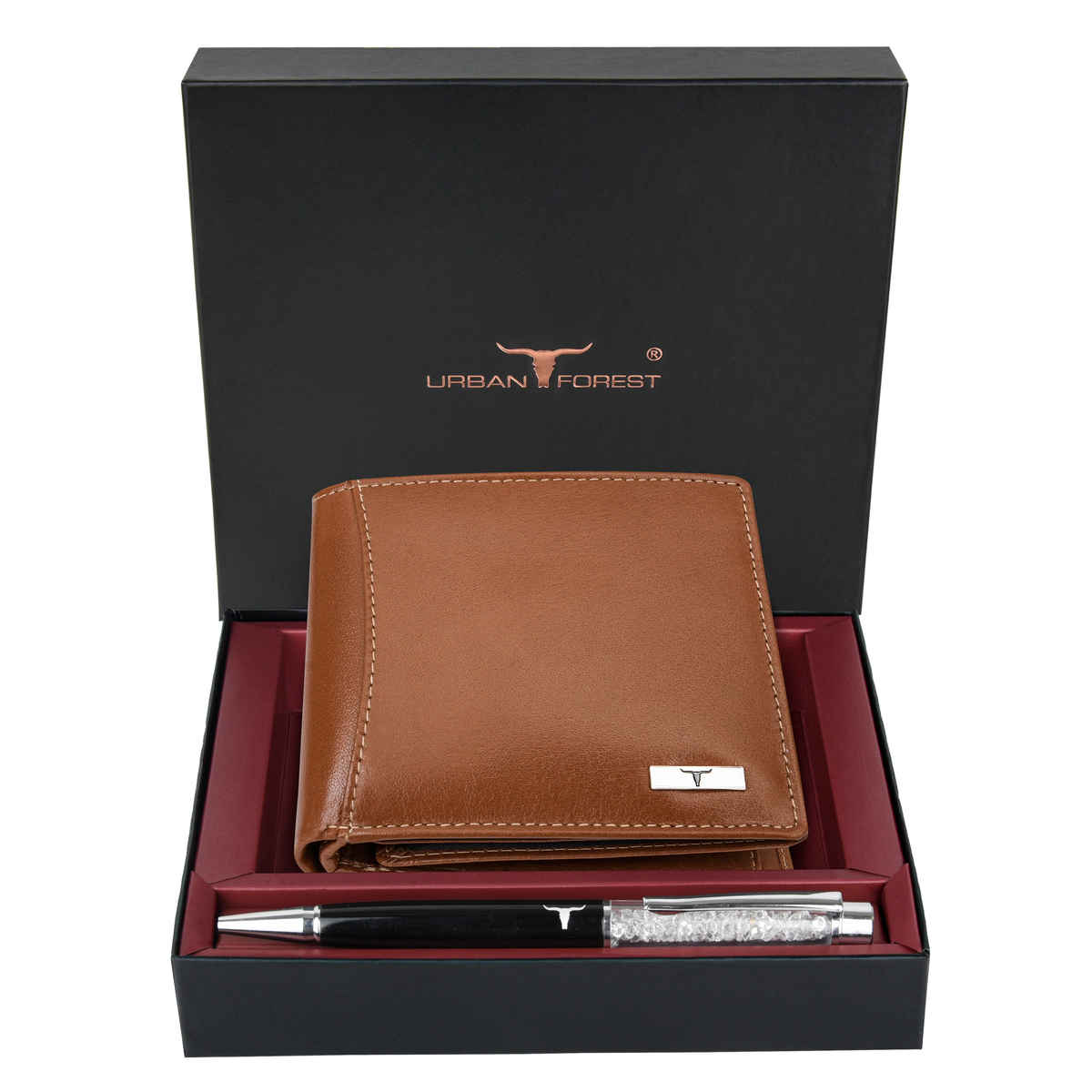 URBAN FOREST Men's Ollin Aniline Leather Wallet & Diamond Pen Combo Gift | Cognac