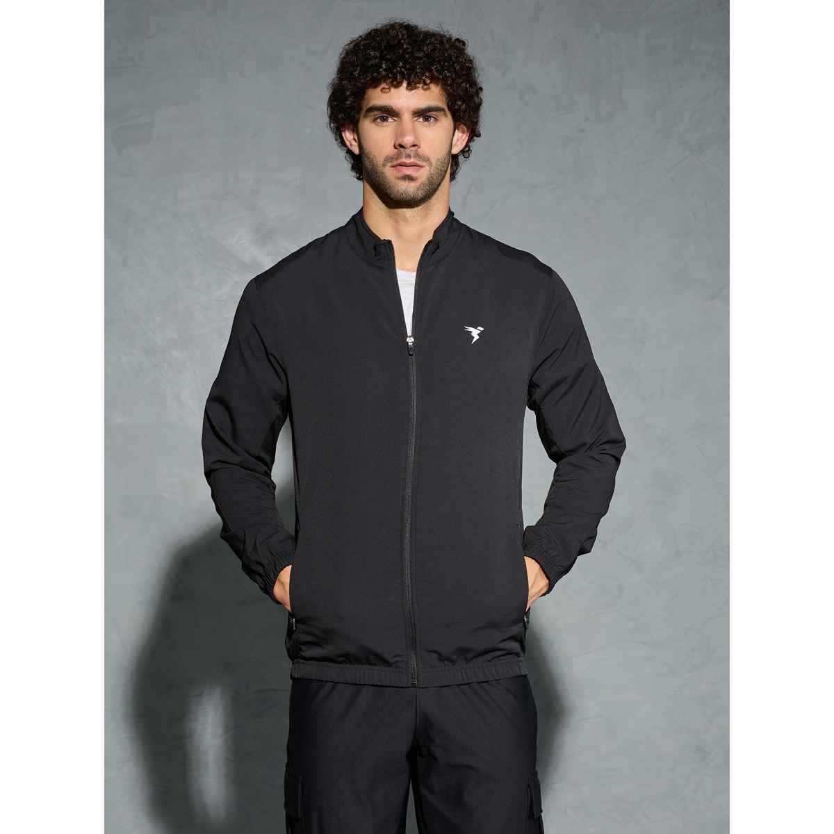 Technosport Men's Poly Solid Slim Fit Mock Neck Full Sleeve Sports Jacket | Black - L