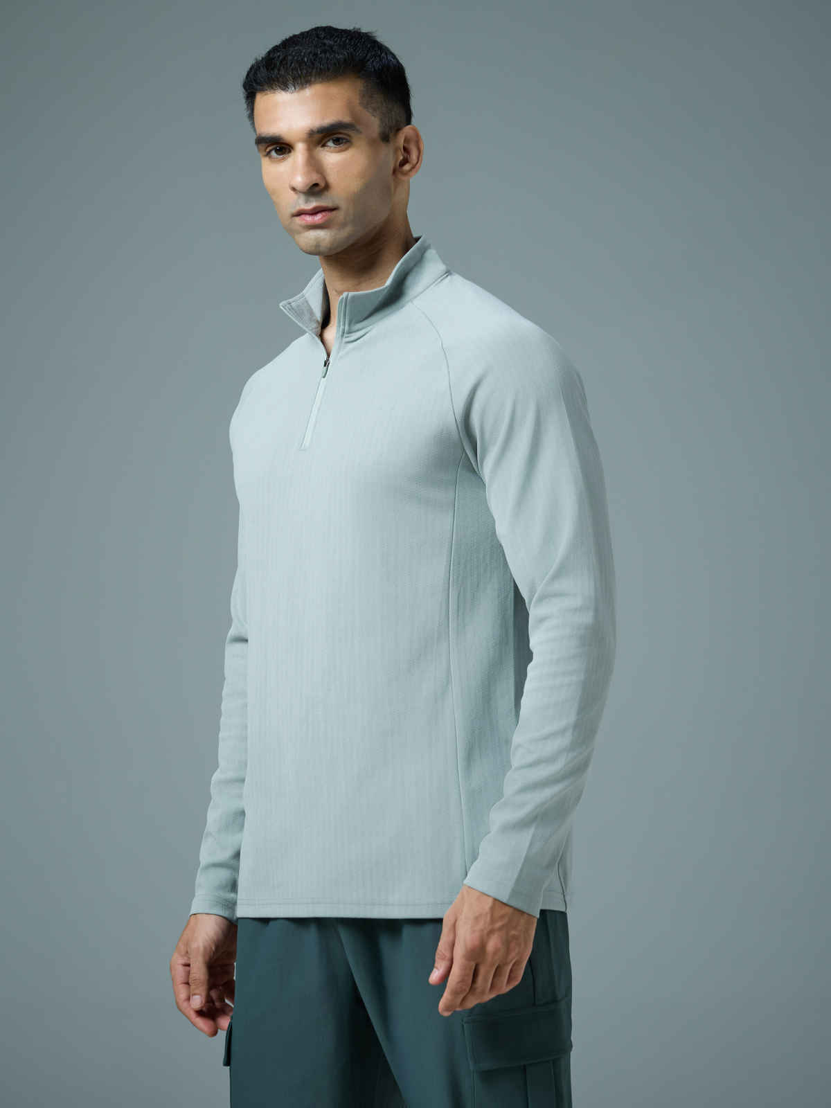 Technosport Men's Solid Slim Fit Mock Neck Sports T-Shirt with ELASTO PLUS | Aqua Grey | L