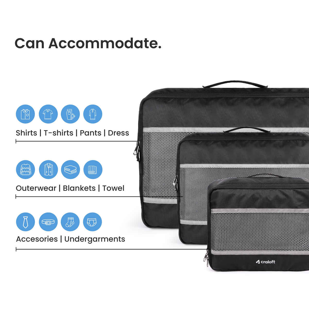 Craloft Packing Cubes Travel Organizer, Essentials Bag Pouches for Men and Women (2L, 4M, 2S)