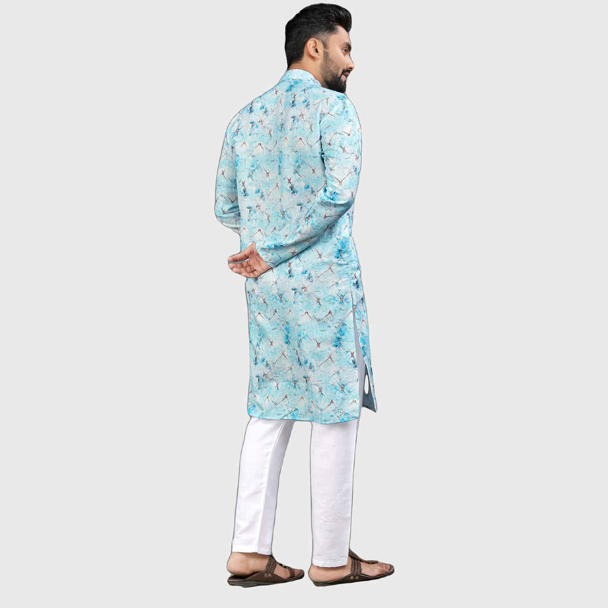 Allan Peter Men's Print Long Kurta - Blue | L