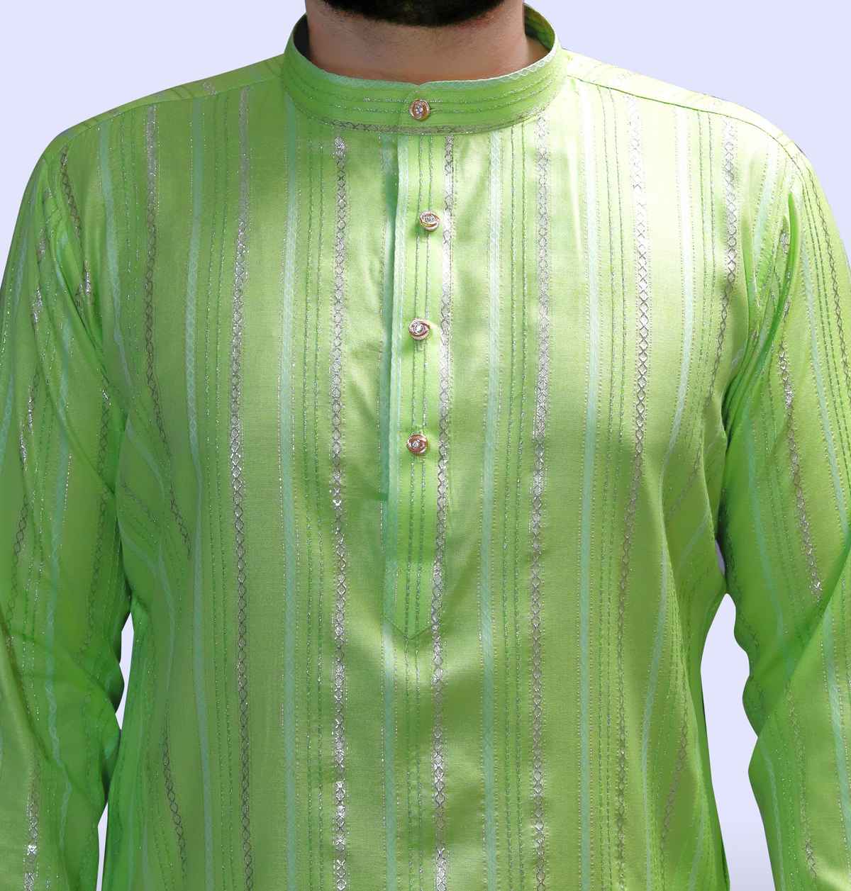 Tibra Collection Men Kurta - Green | Solid | Thin Striped | Cotton Blend | S