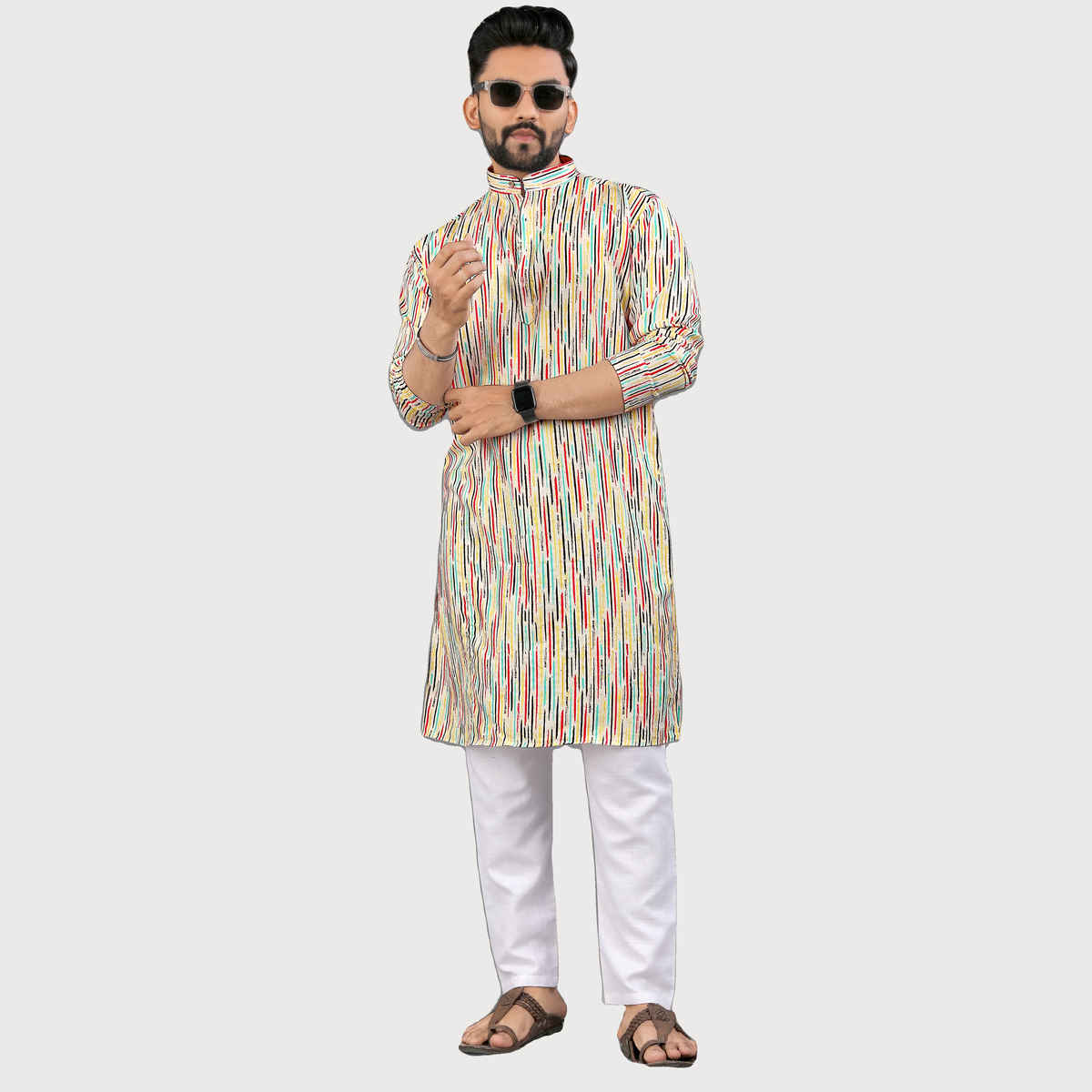 Allan Peter Men's Print Long Kurta - Multicolor | L