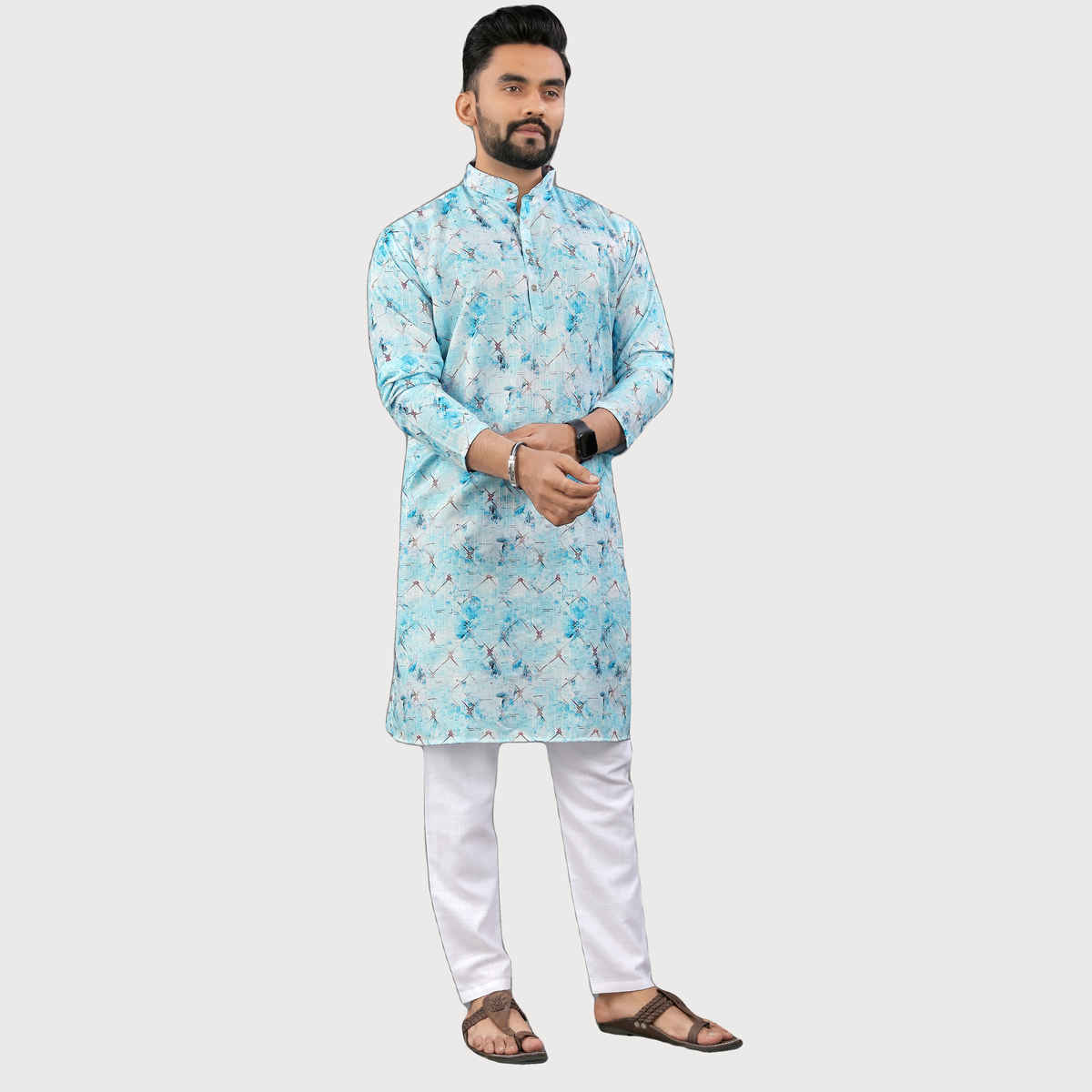 Allan Peter Men's Print Long Kurta - Blue | L
