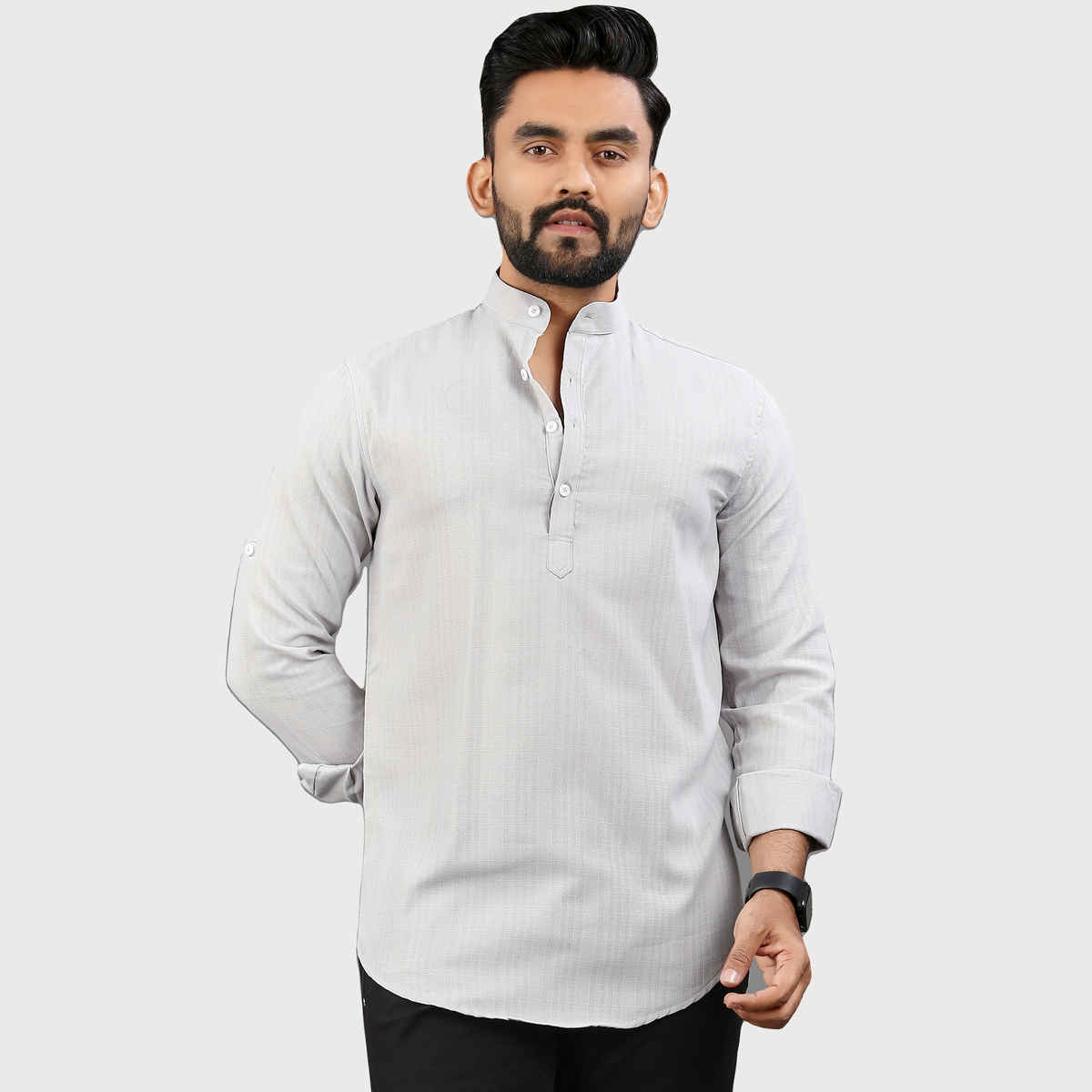 Allan Peter Men's Plain Short Kurta - Grey | XL