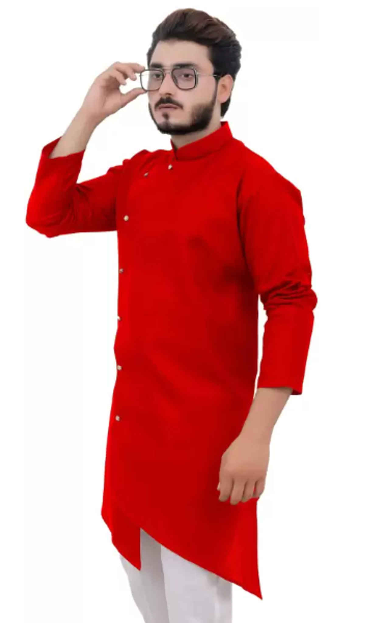 Tibra Collection Men Asymmetric Kurta - Red | Cotton Blend | M