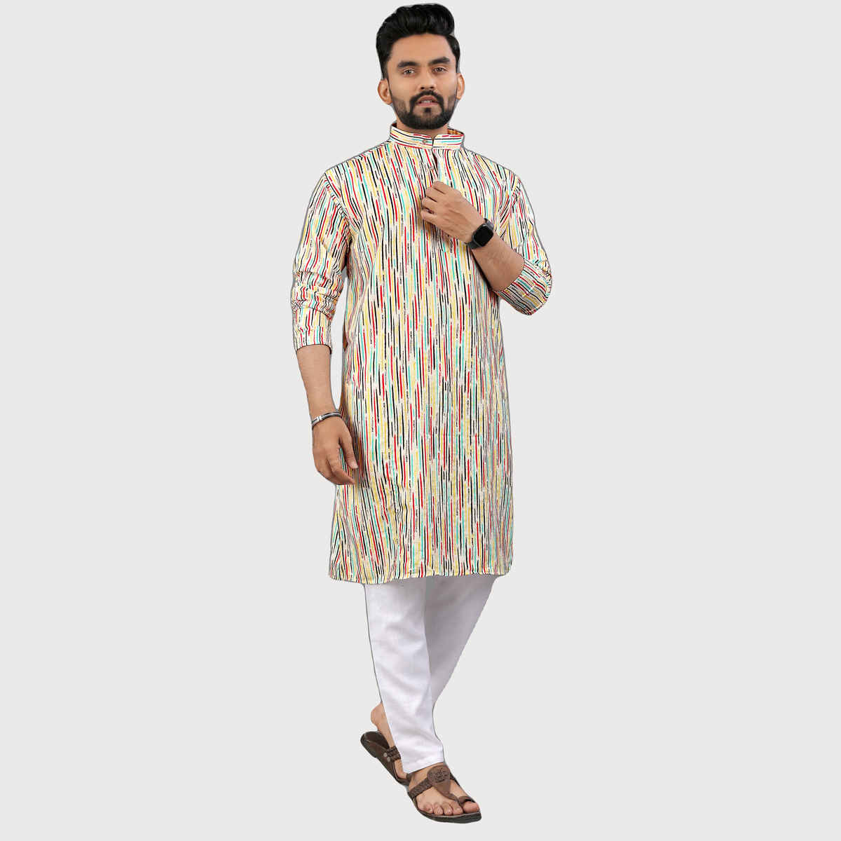 Allan Peter Men's Print Long Kurta - Multicolor | XL
