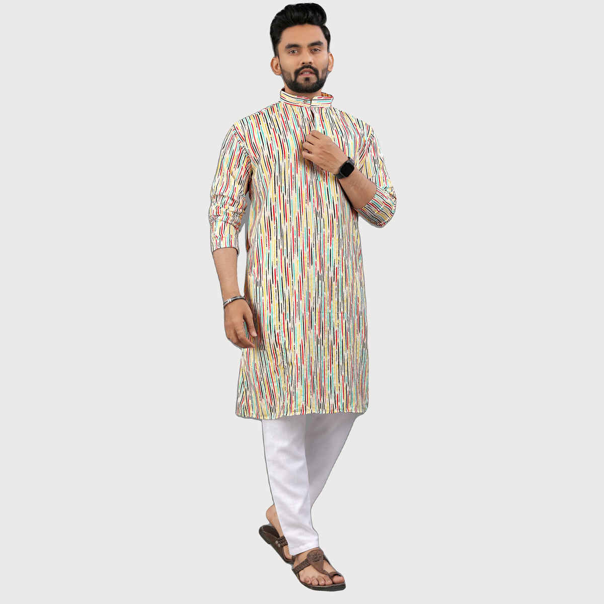 Allan Peter Men's Print Long Kurta - Multicolor | L