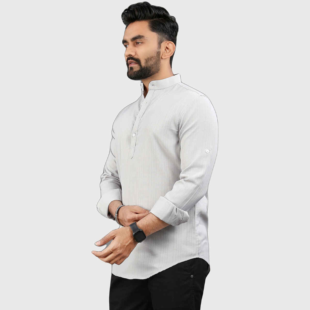 Allan Peter Men's Plain Short Kurta - Grey | XL